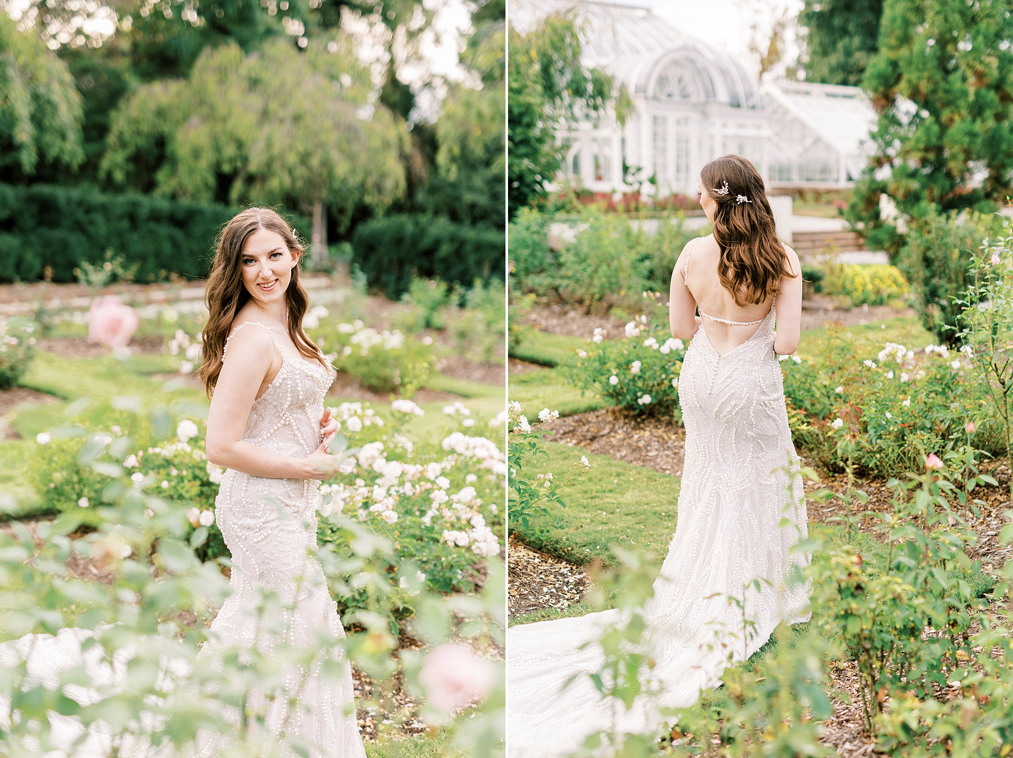 brunette bride walks through the gardens of Reynolda Gardens