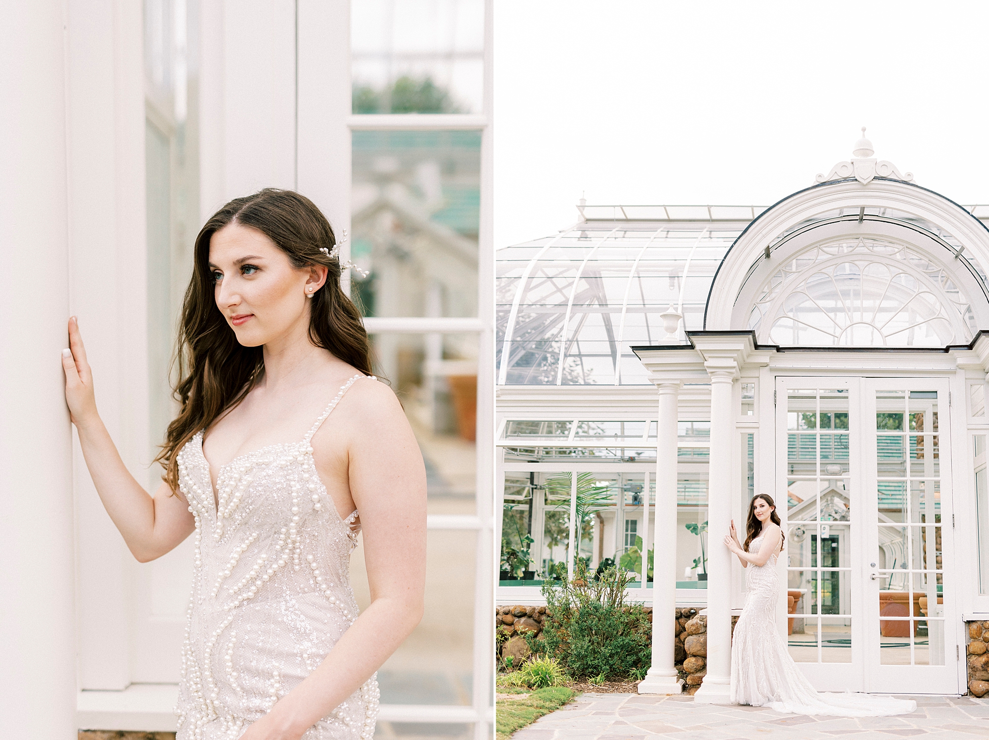brunette bride poses in wedding gown with pearl accents outside Reynolda Gardens