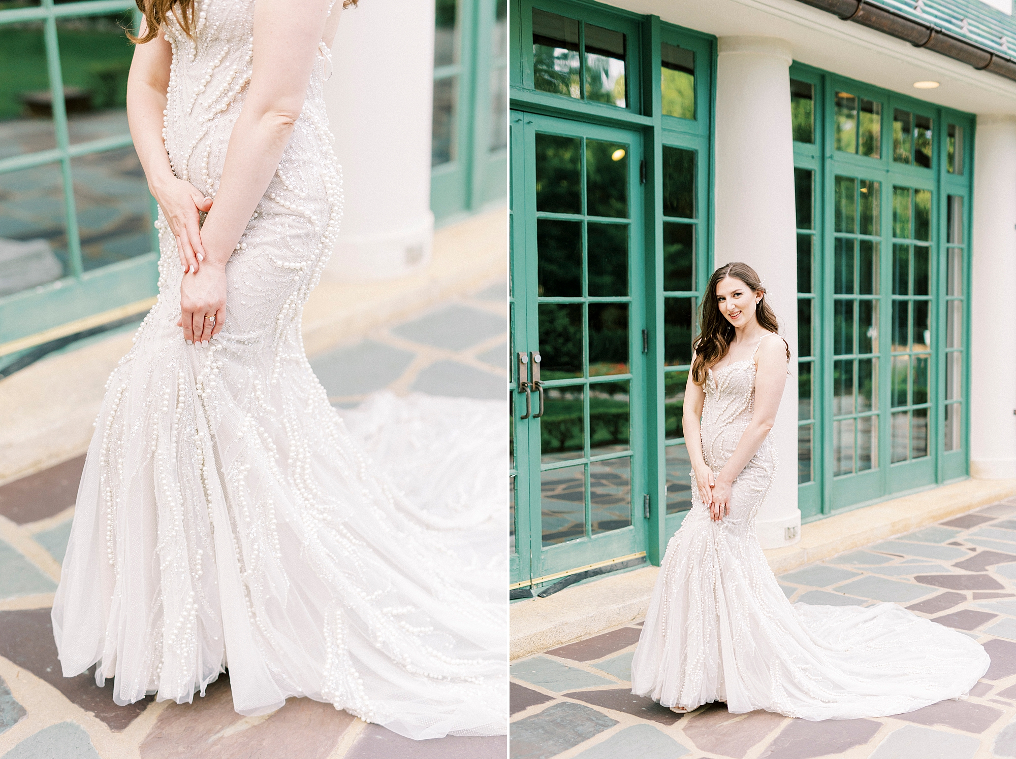 bride smiles in front of green paned windows at the Graylyn Estate