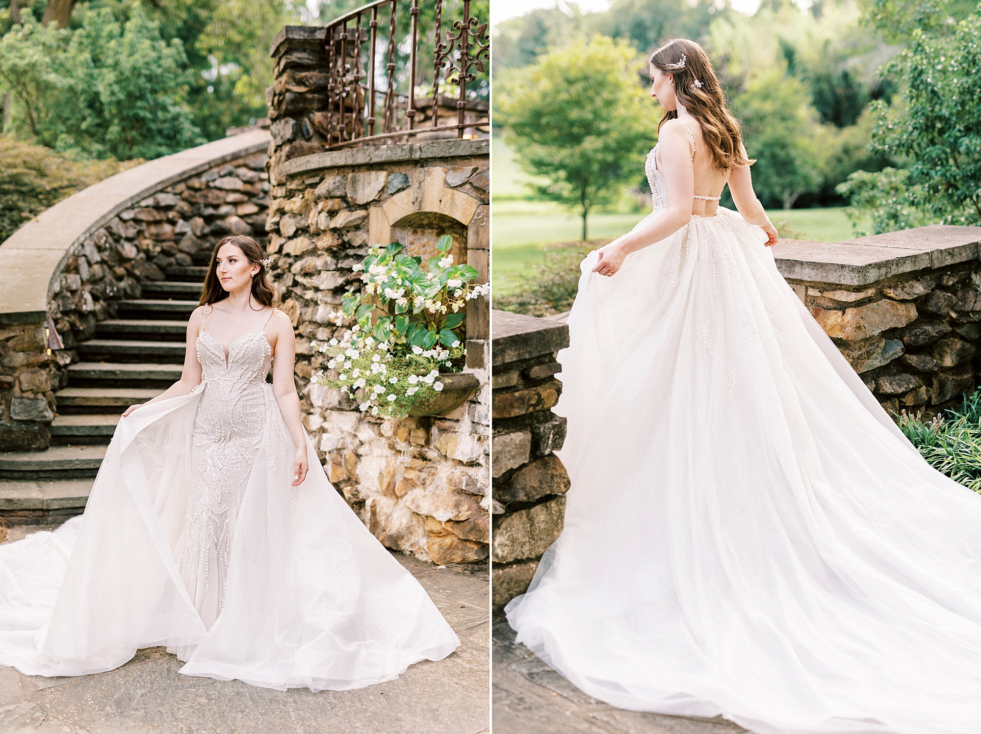 bride walks near stone staircase at the Graylyn Estate