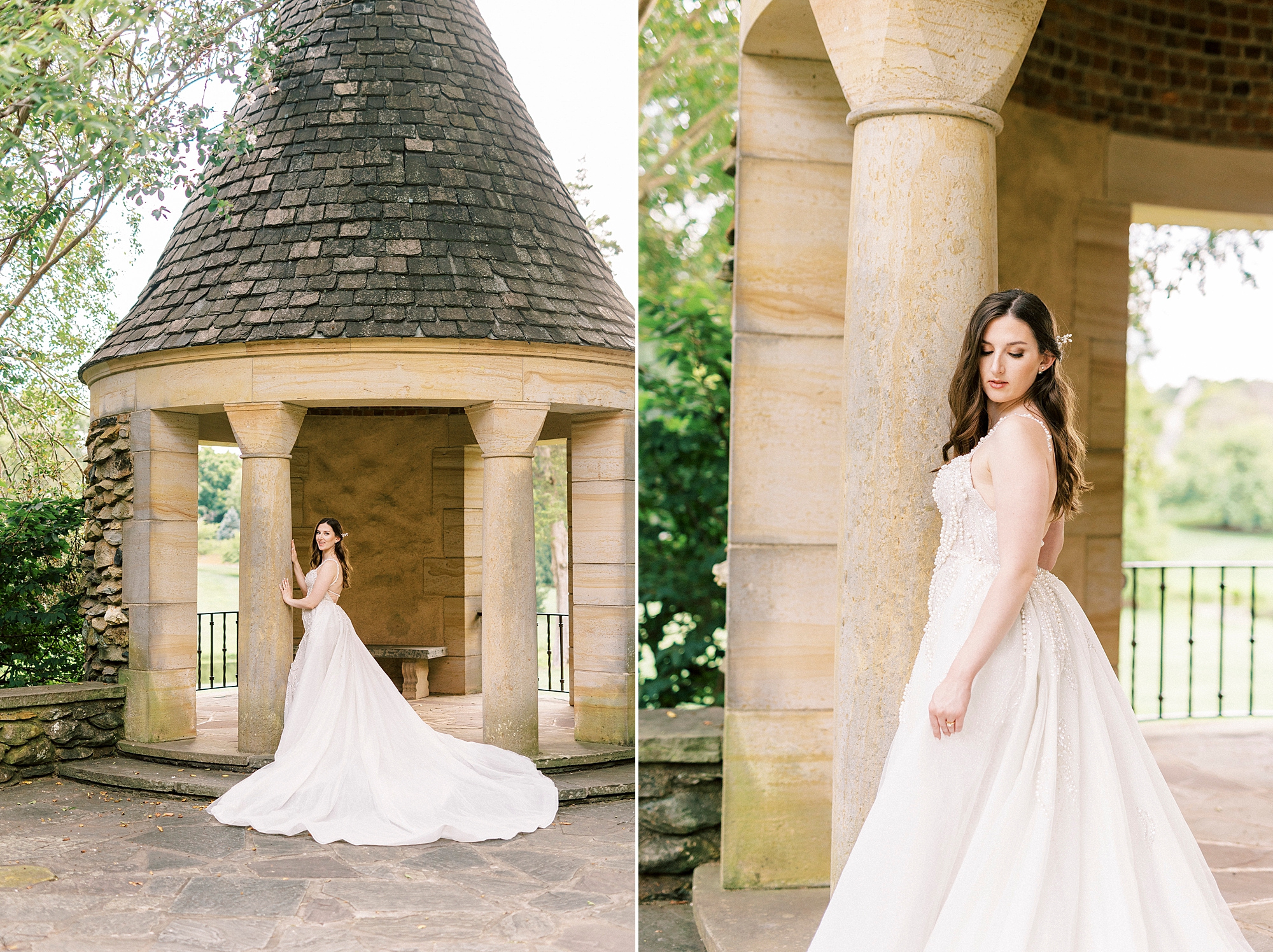bride poses against stone pillar at the Graylyn Estate