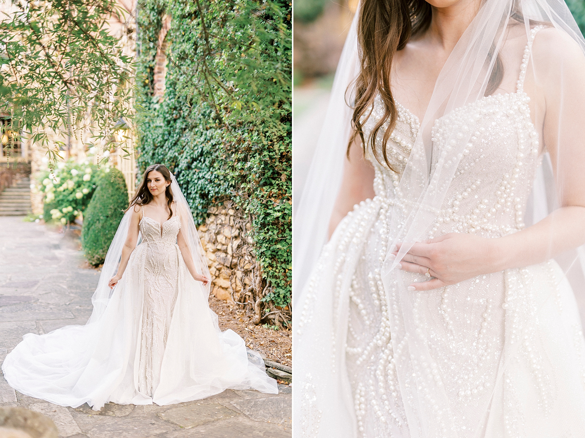 bride smiles pulling her veil around her shoulders