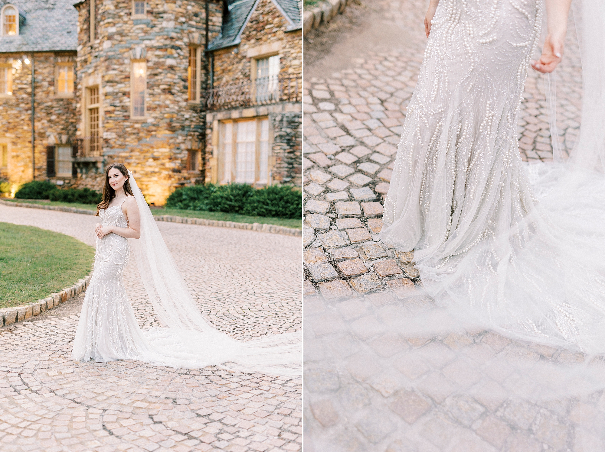 bride stands on stone walkway outside the Graylyn Estate