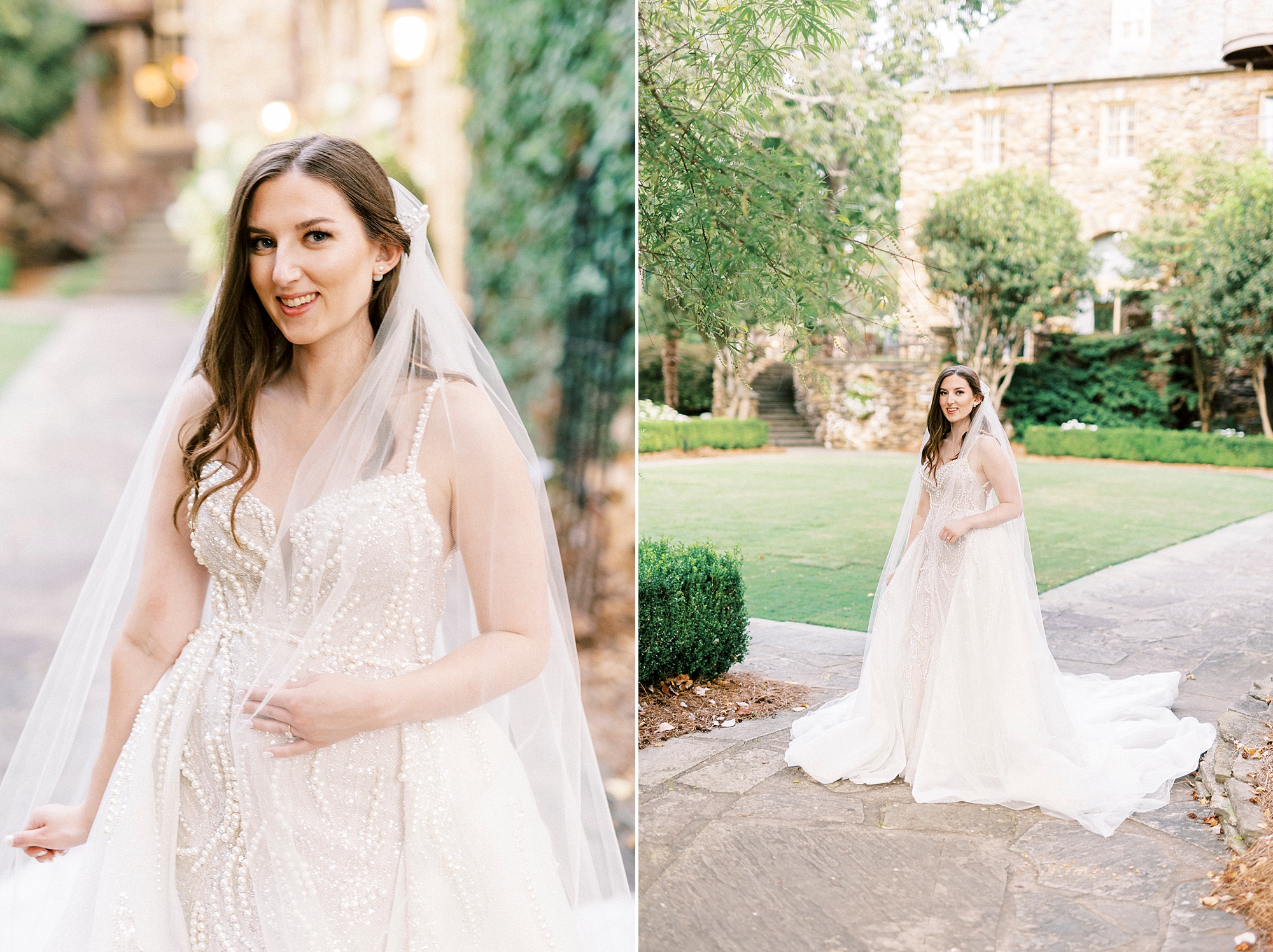 bride smiles pulling her veil around her shoulders at the Graylyn Estate