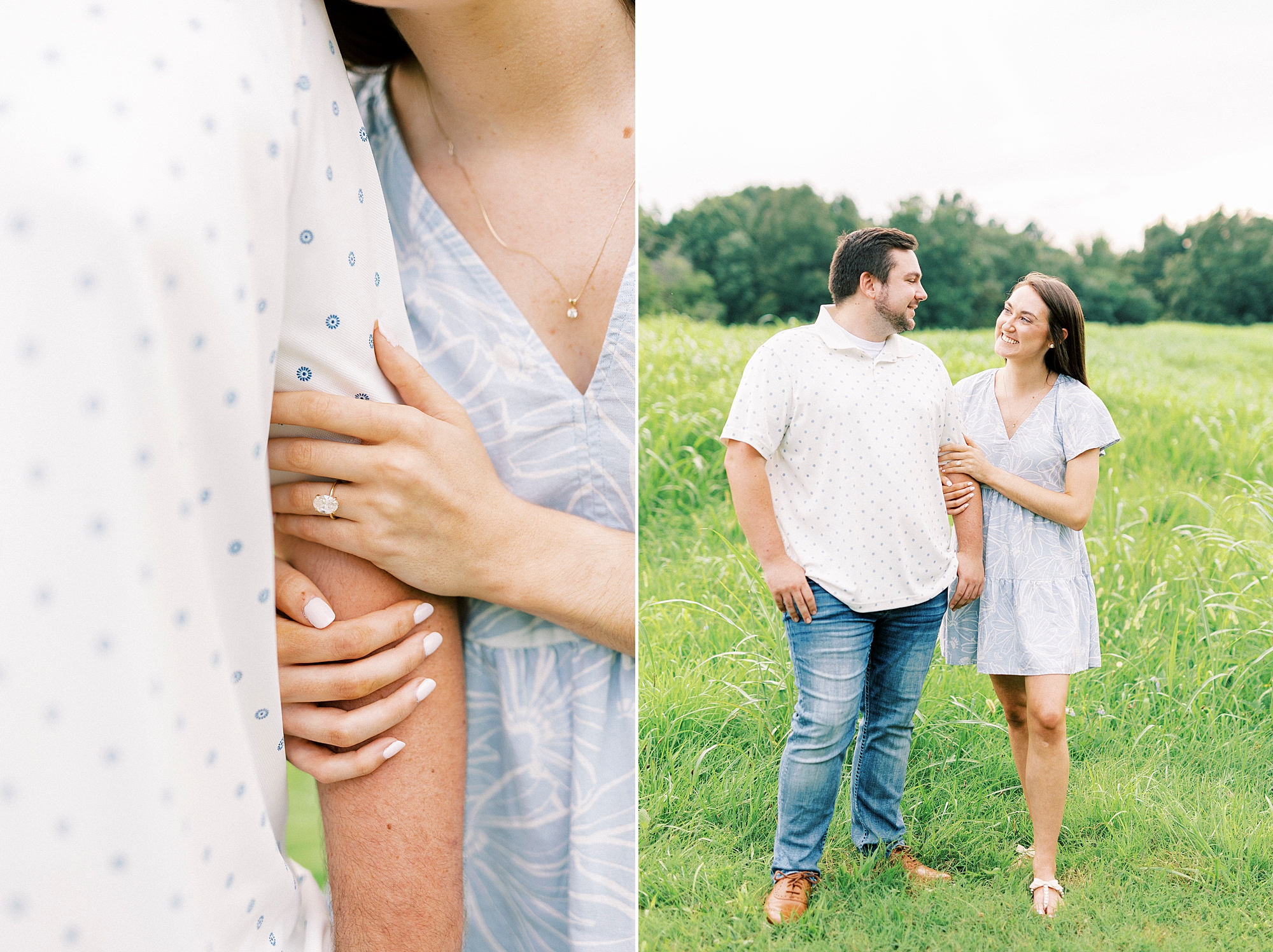engaged couple walks through field during Kannapolis NC engagement session