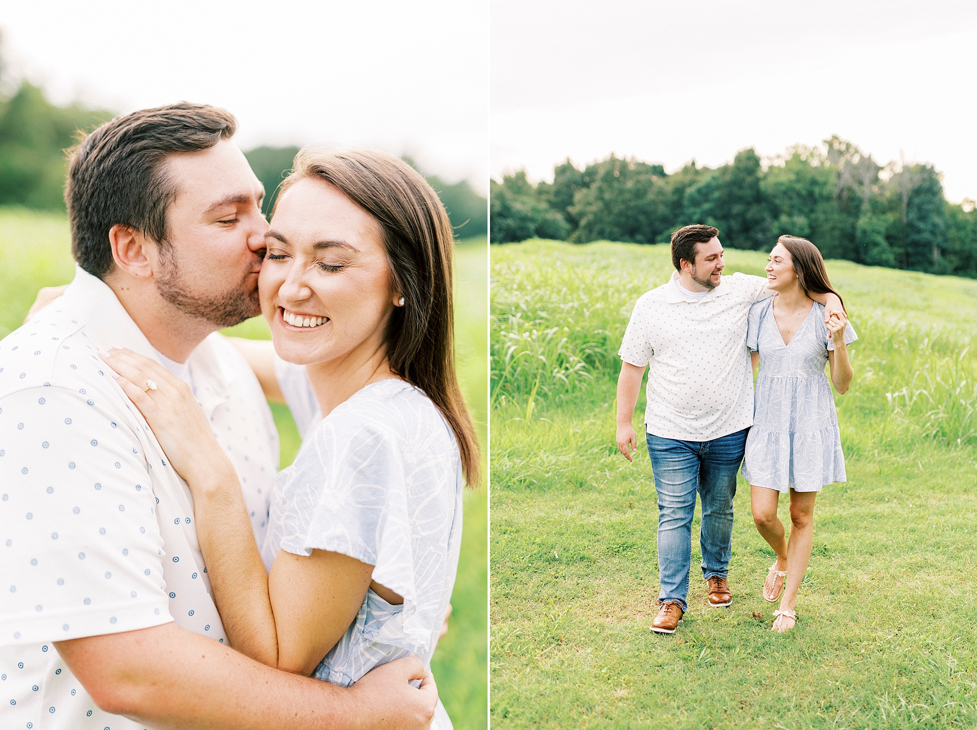 man leans to kiss fiancee during summer Kannapolis NC engagement session