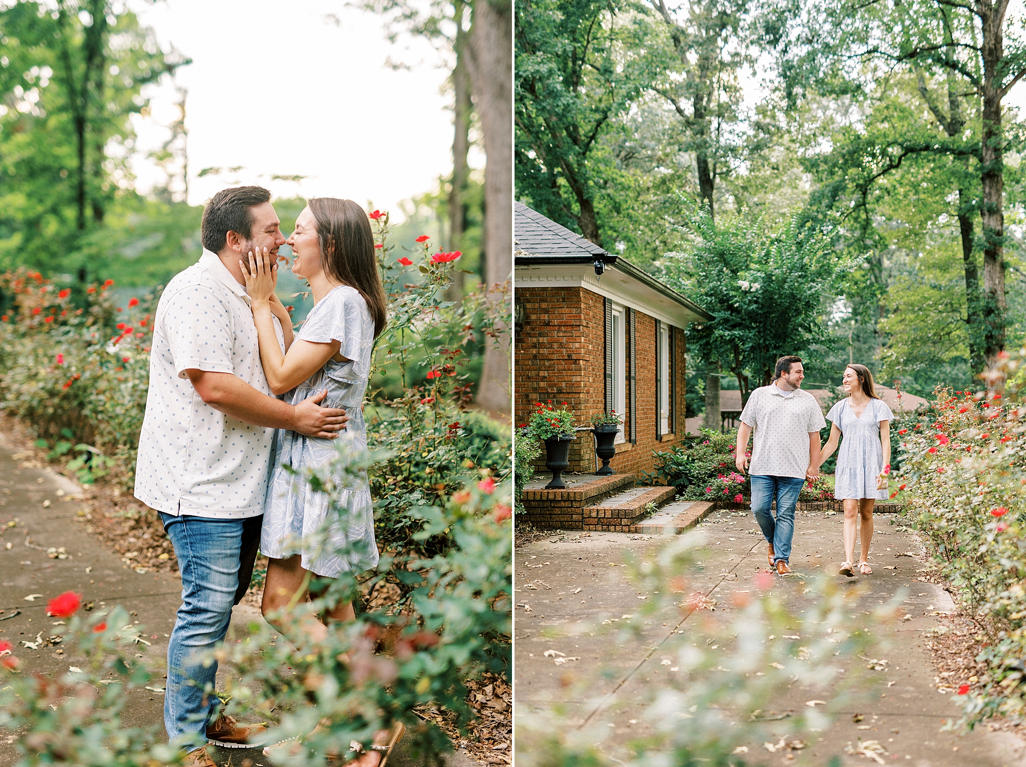 engaged couple hugs near childhood home