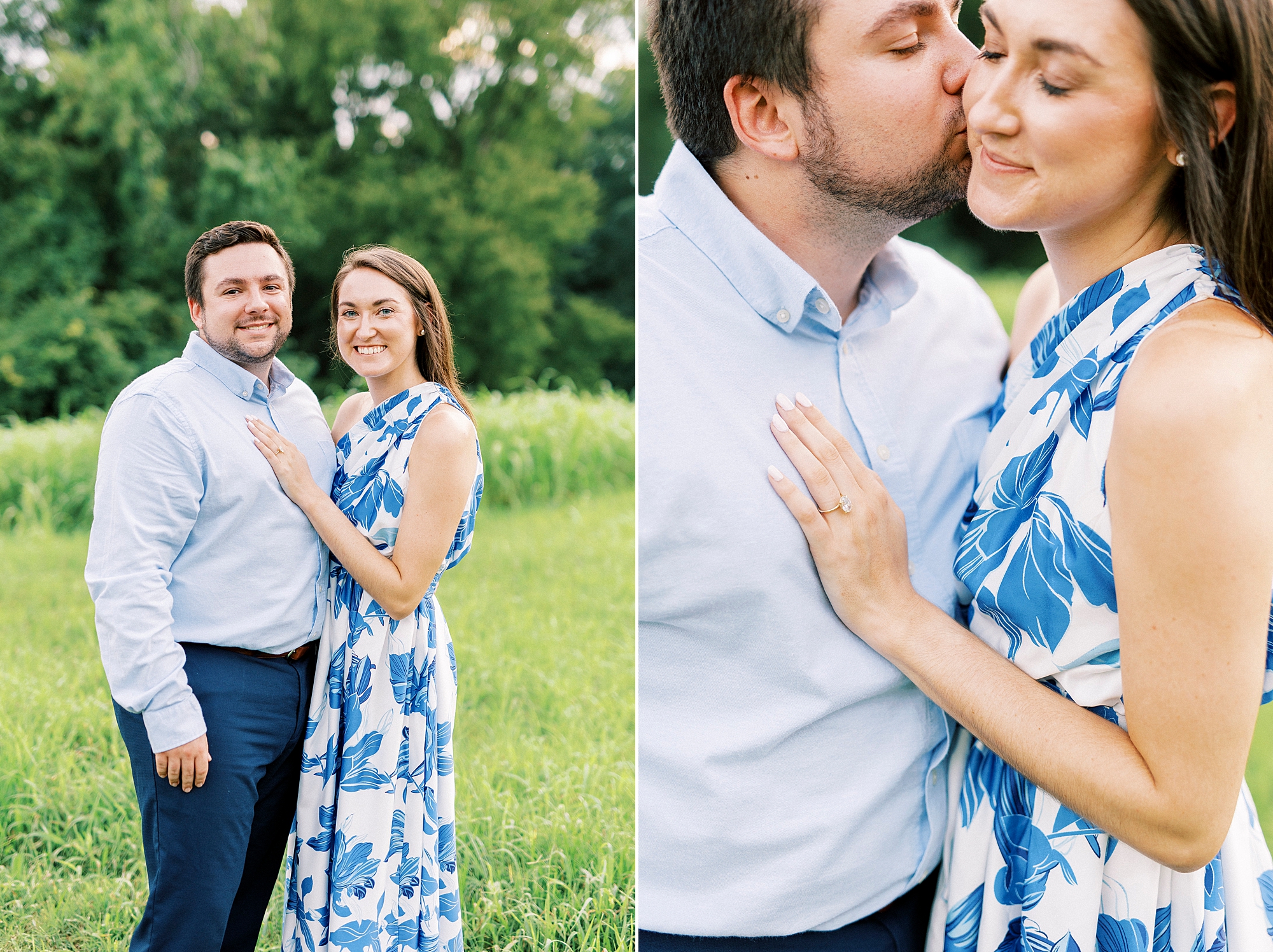 man leans to kiss woman's cheek during Kannapolis NC engagement session