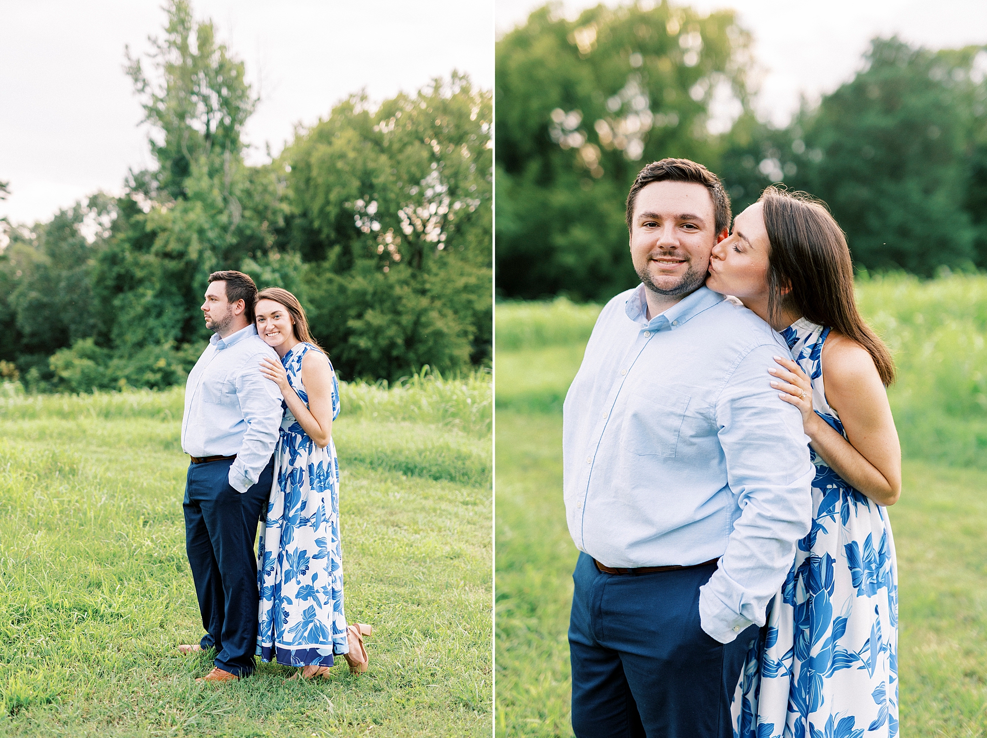 woman leans from behind man to kiss his cheek