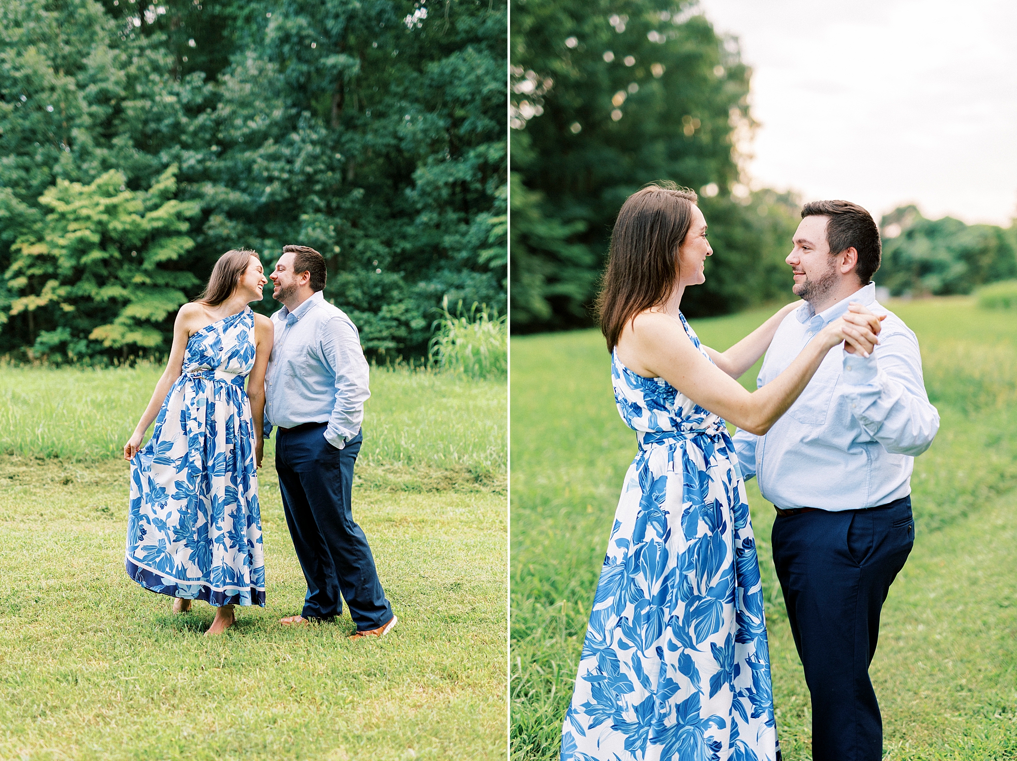 engaged couple dances in field during Kannapolis NC engagement session
