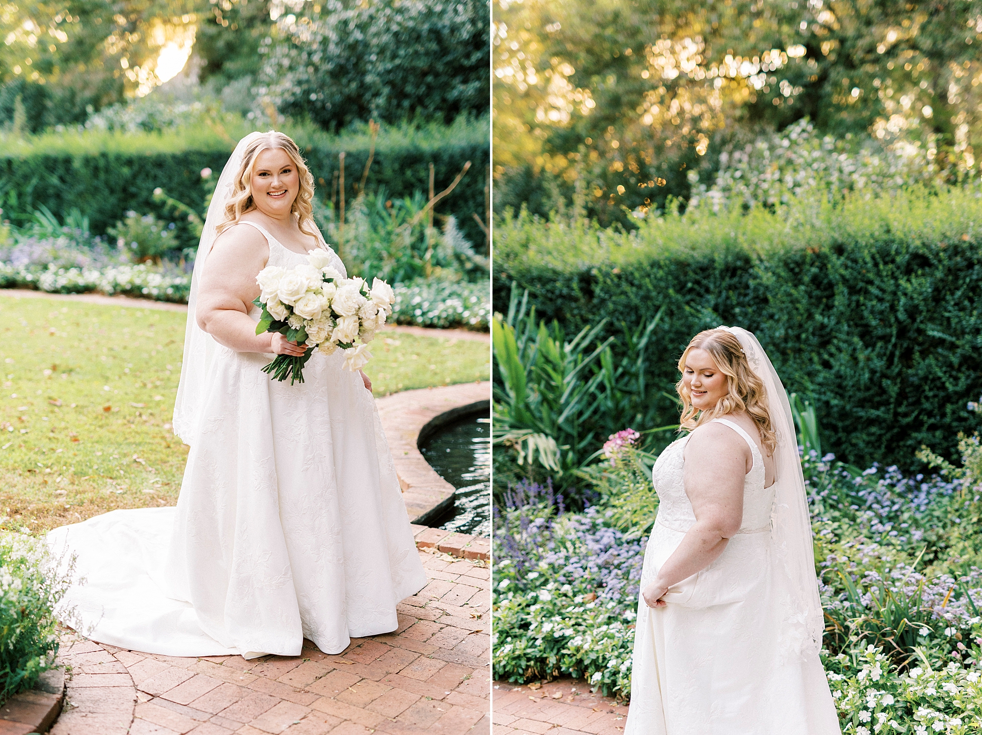 bride holds bouquet of white flowers in gardens at Wing Haven Gardens