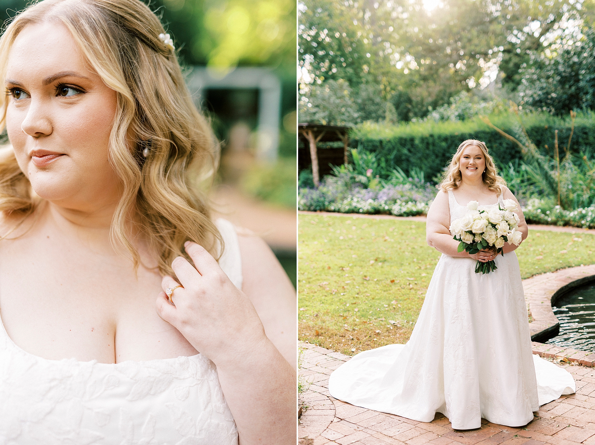 bride holds end of blonde hair next to reflecting pond at Wing Haven Gardens