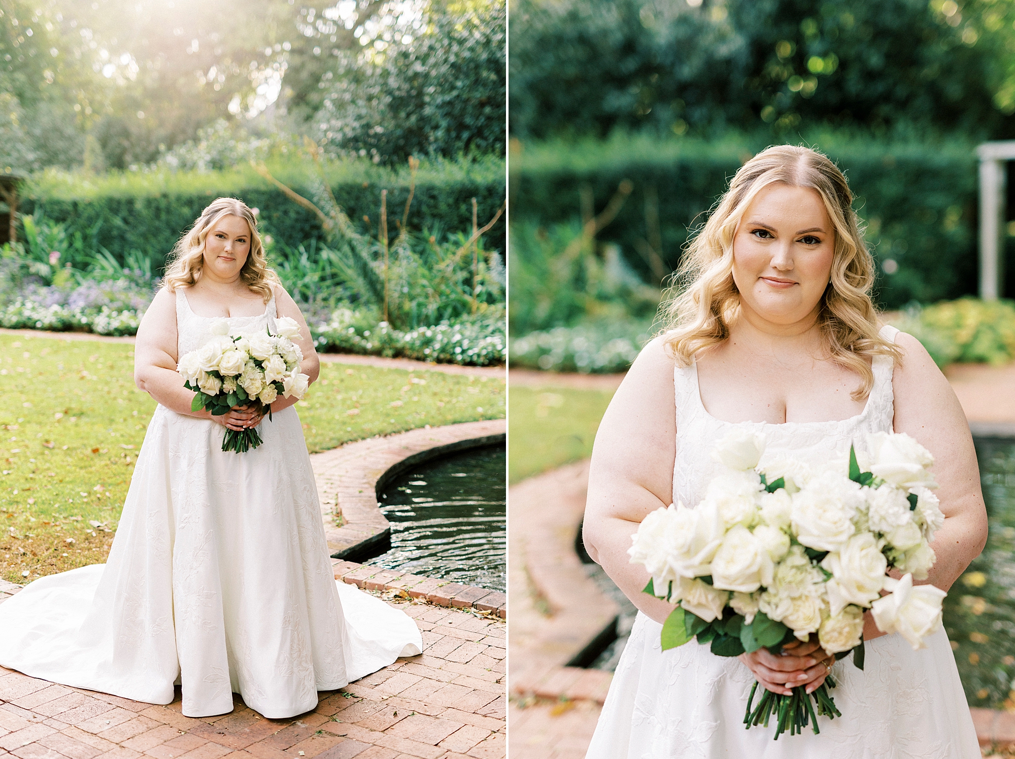 bride holds bouquet of ivory flowers near pond at Wing Haven Gardens