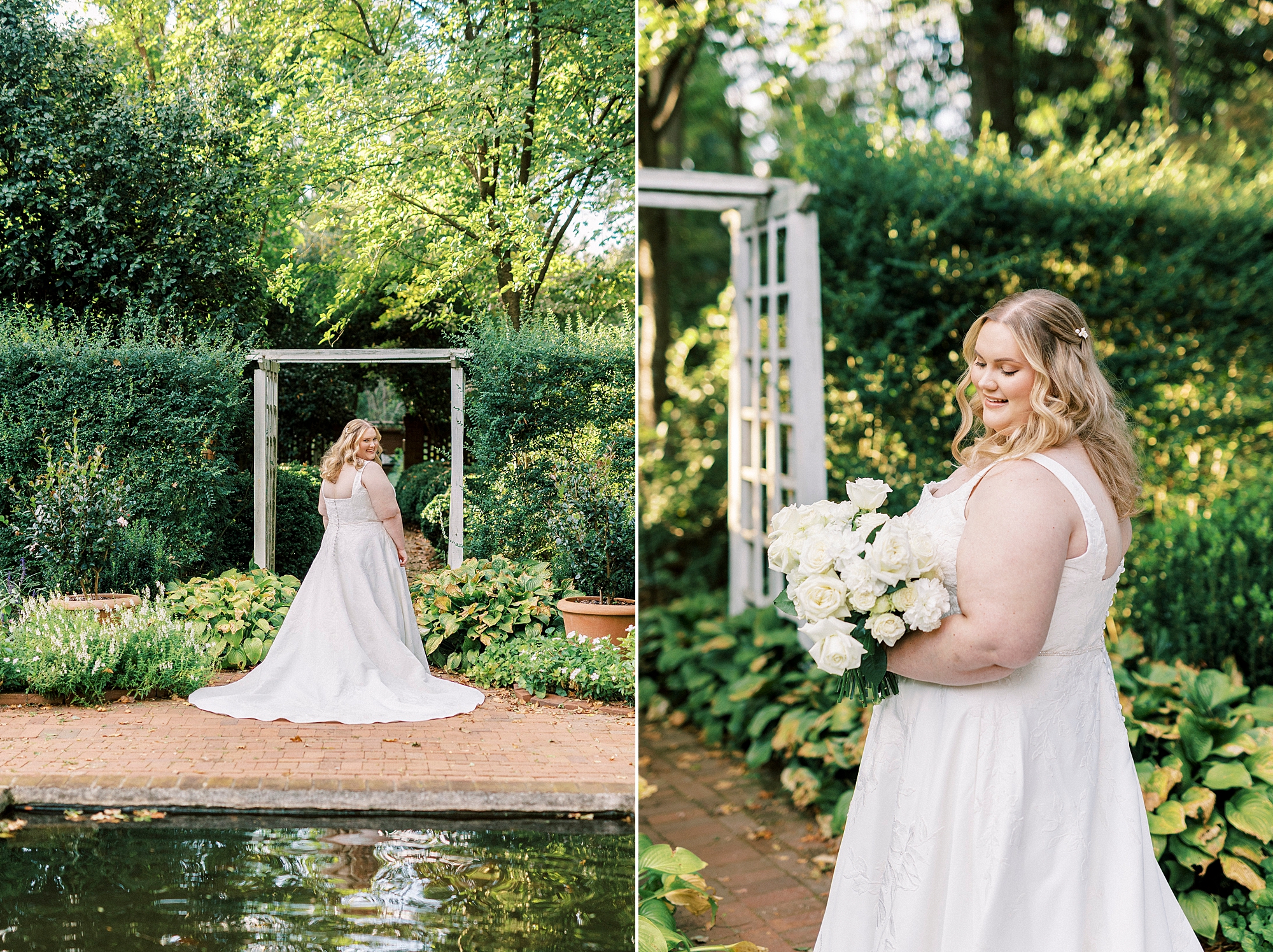 bride poses near white arbor inside Wing Haven Gardens