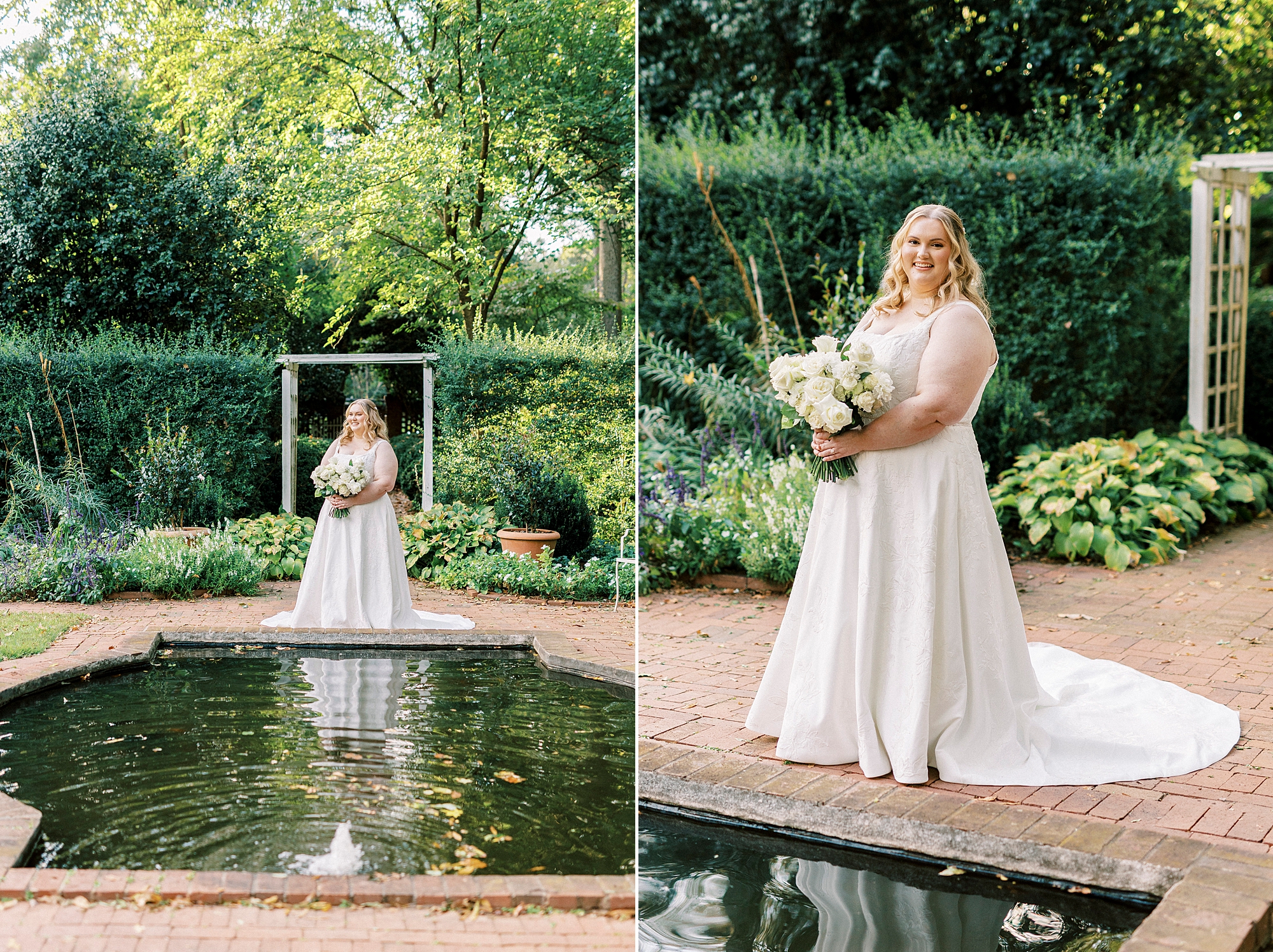 bride holds bouquet near pond inside Wing Haven Gardens