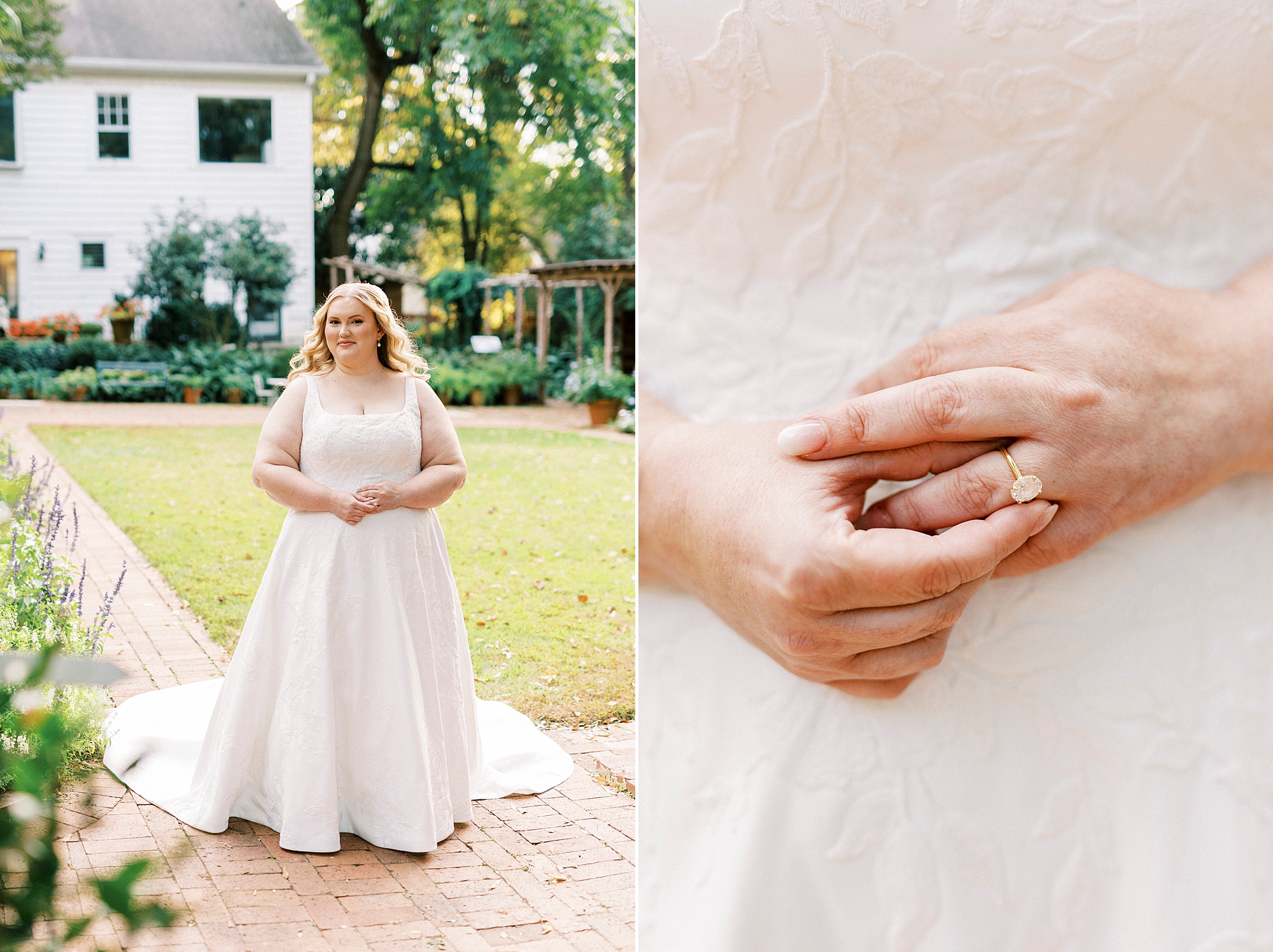 bride shows off engagement ring inside Wing Haven Gardens