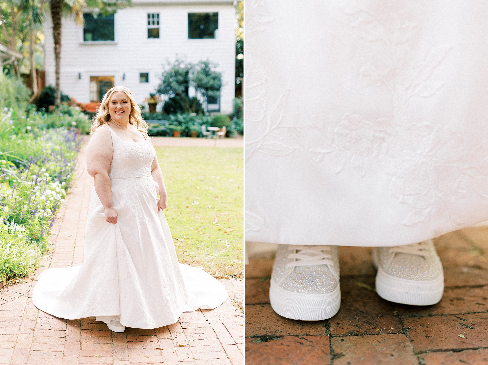bride shows white tennis shoes under wedding dress