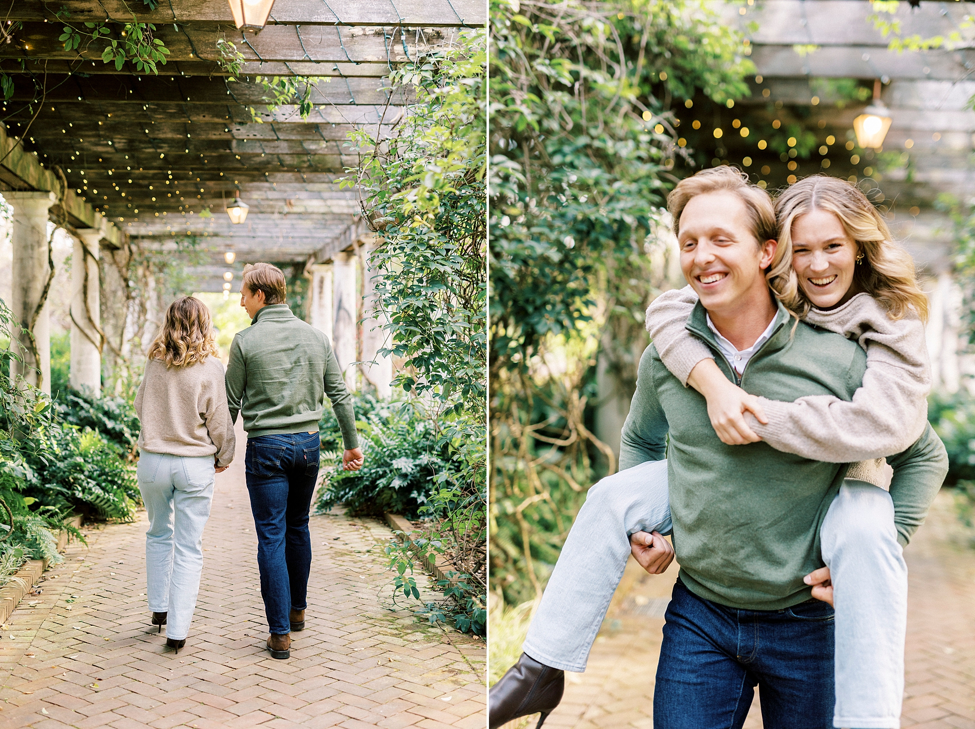 couple laughs walking through wood covered pathway at Daniel Stowe Botanical Garden