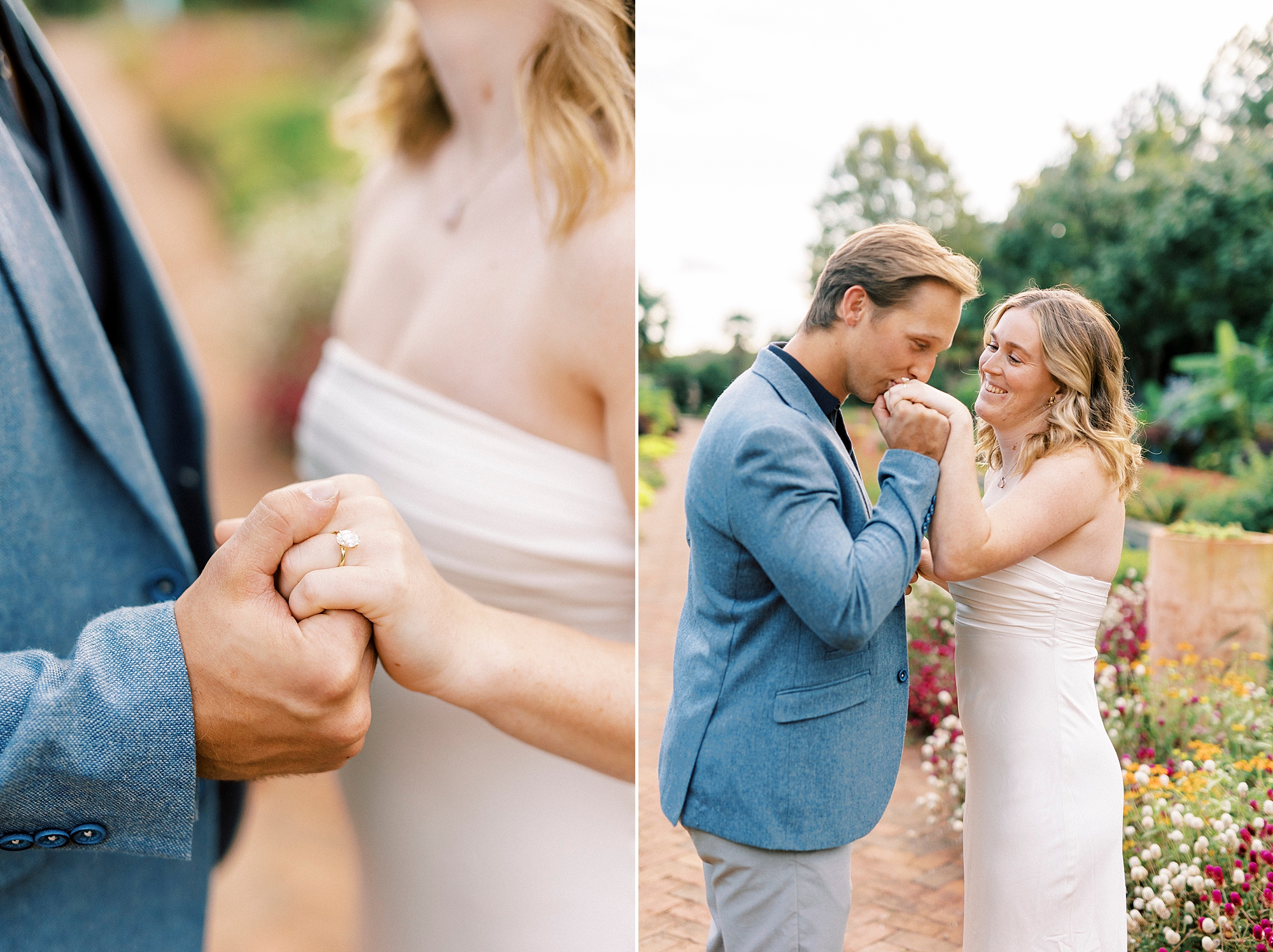 man holds woman's hand showing off engagement ring in gardens