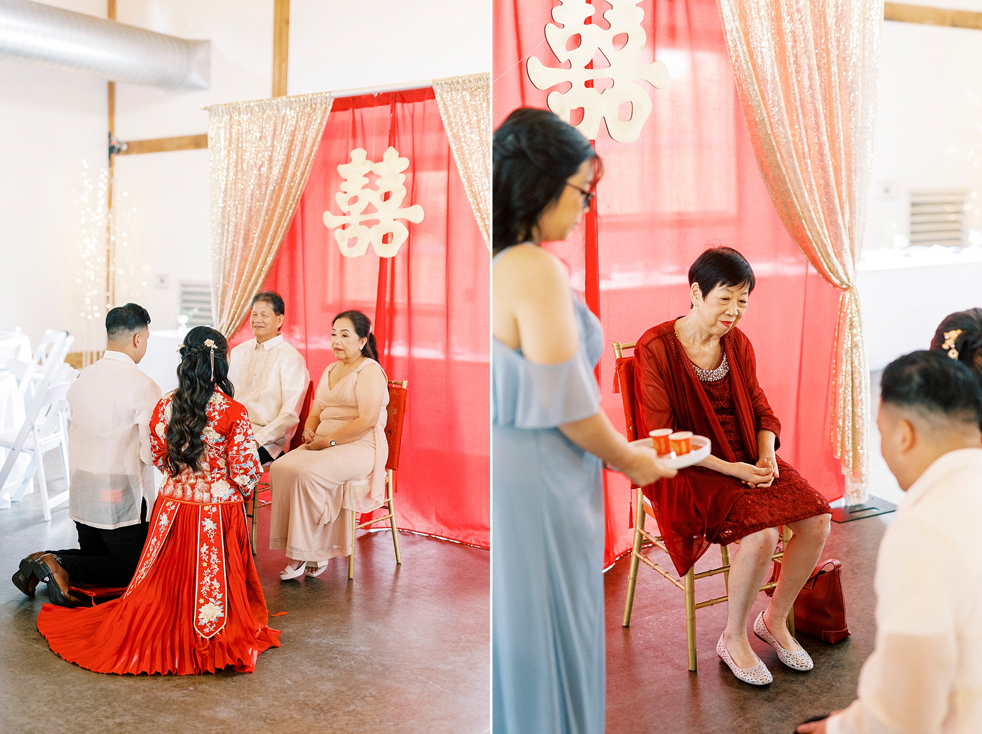 bride and groom participate in Chinese tea ceremony