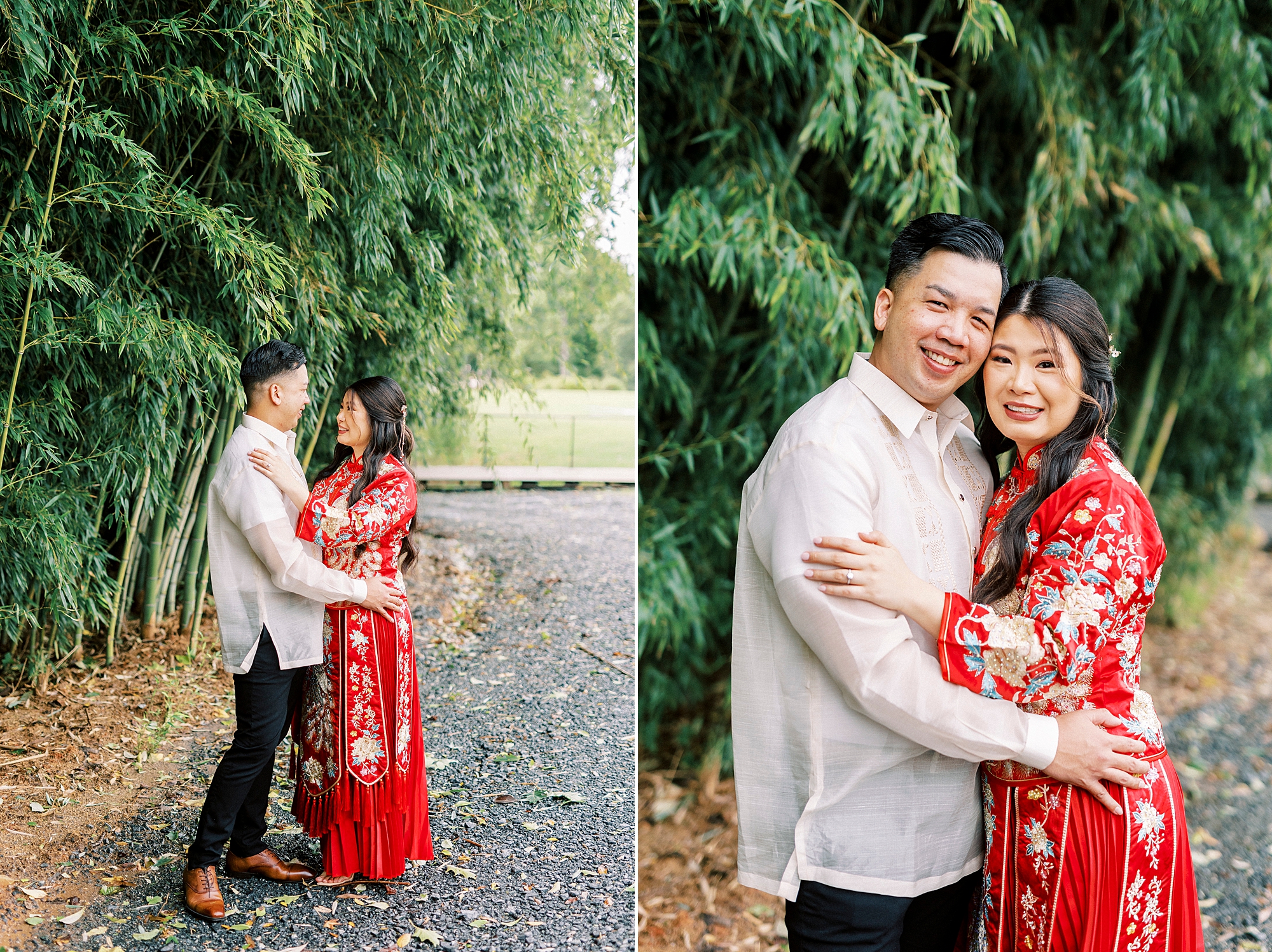 newlyweds hug in traditional Chinese and Filipino attire in bamboo forest at Camelot Meadows