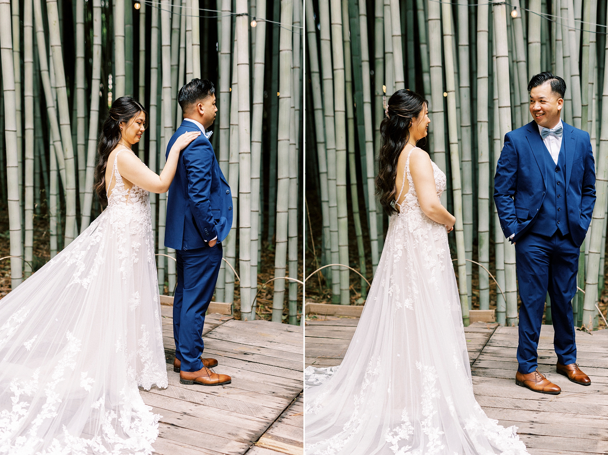 bride approaches groom for first look inside the bamboo forest at Camelot Meadows