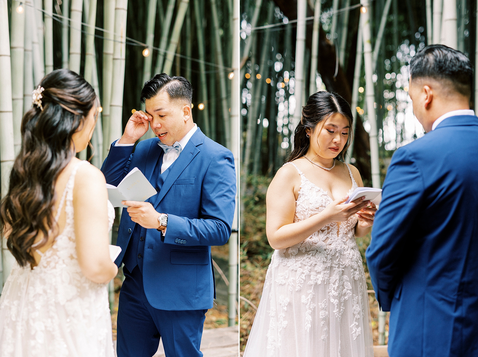 bride and groom exchange vows during first look in bamboo forest at Camelot Meadows