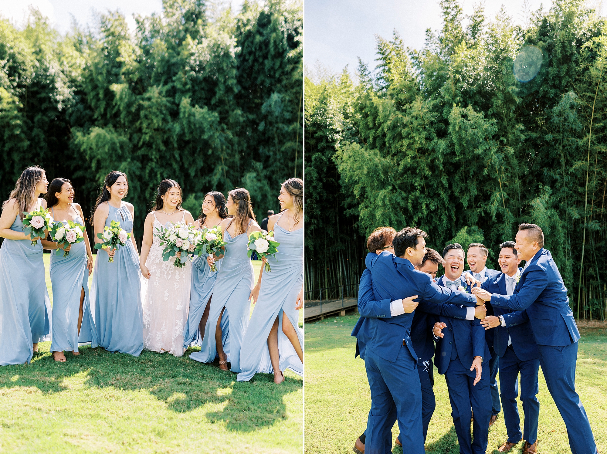bride and groom pose with wedding party in light blue dresses and blue suits 