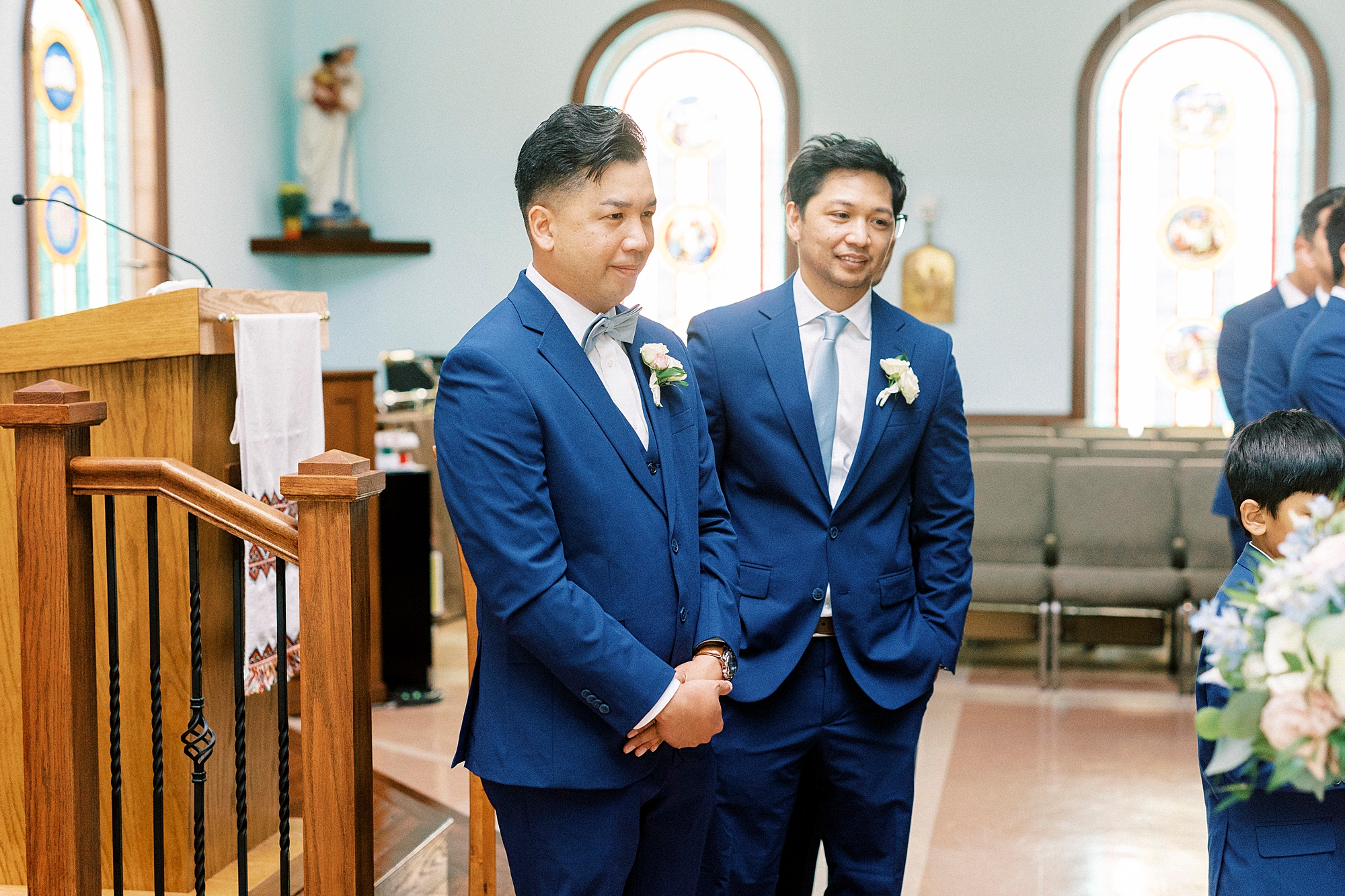 groom watches bride walk down aisle in Belmont NC church 