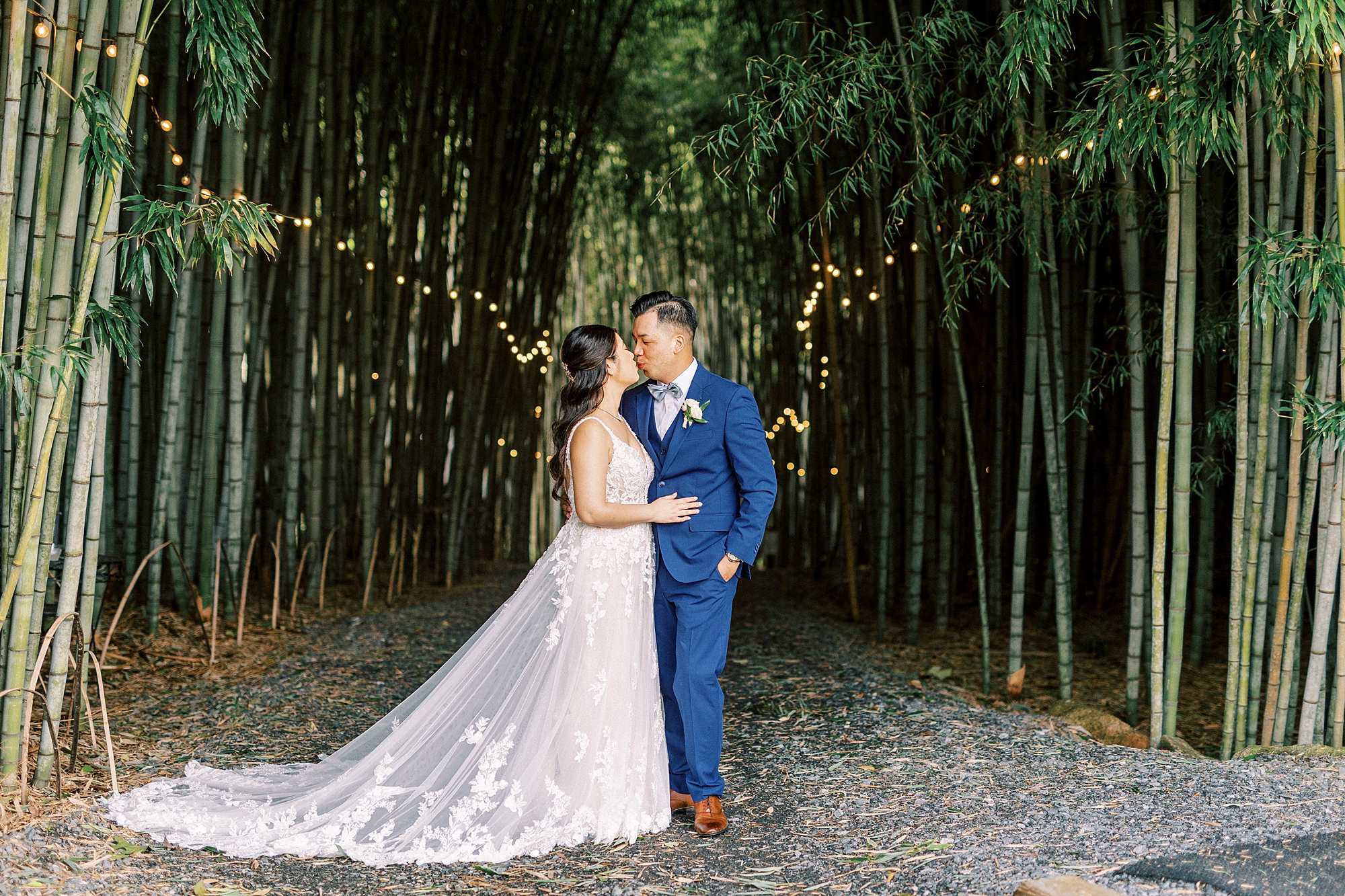 bride and groom stand touching noses in bamboo forest at Camelot Meadows