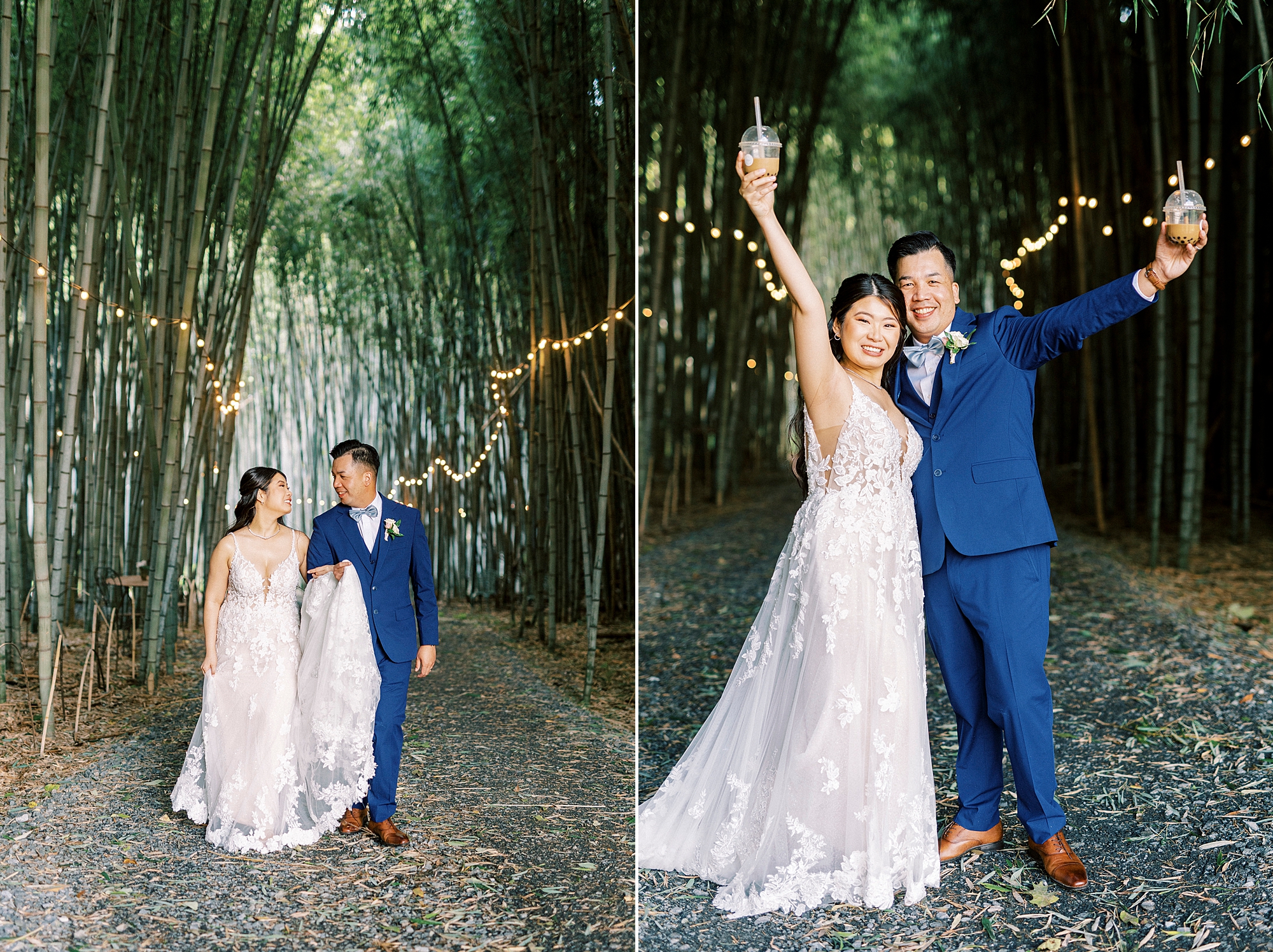 bride and groom cheer and walk through bamboo forest at Camelot Meadows