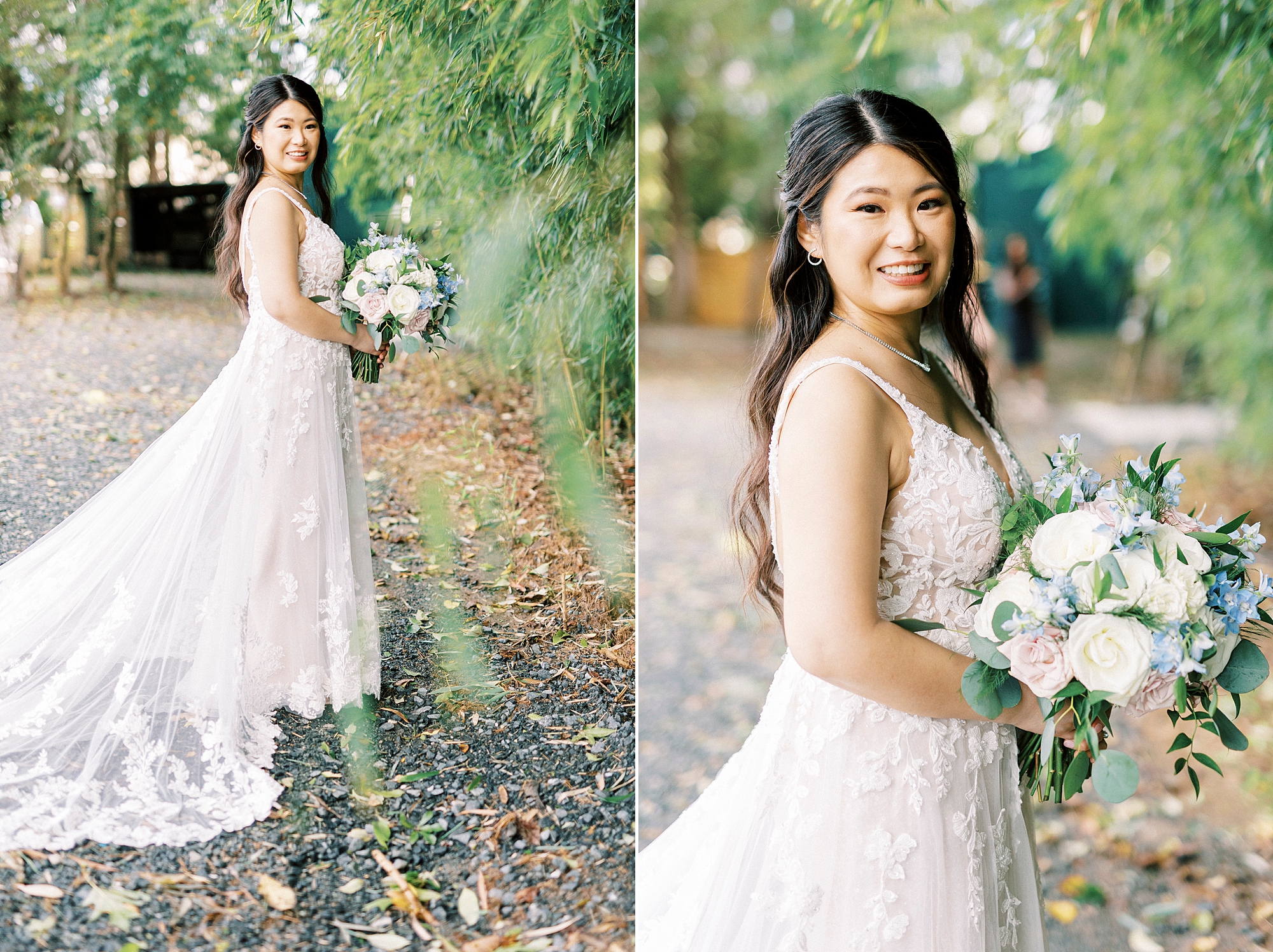bride holds bouquet of ivory flowers during fall wedding day at Camelot Meadows