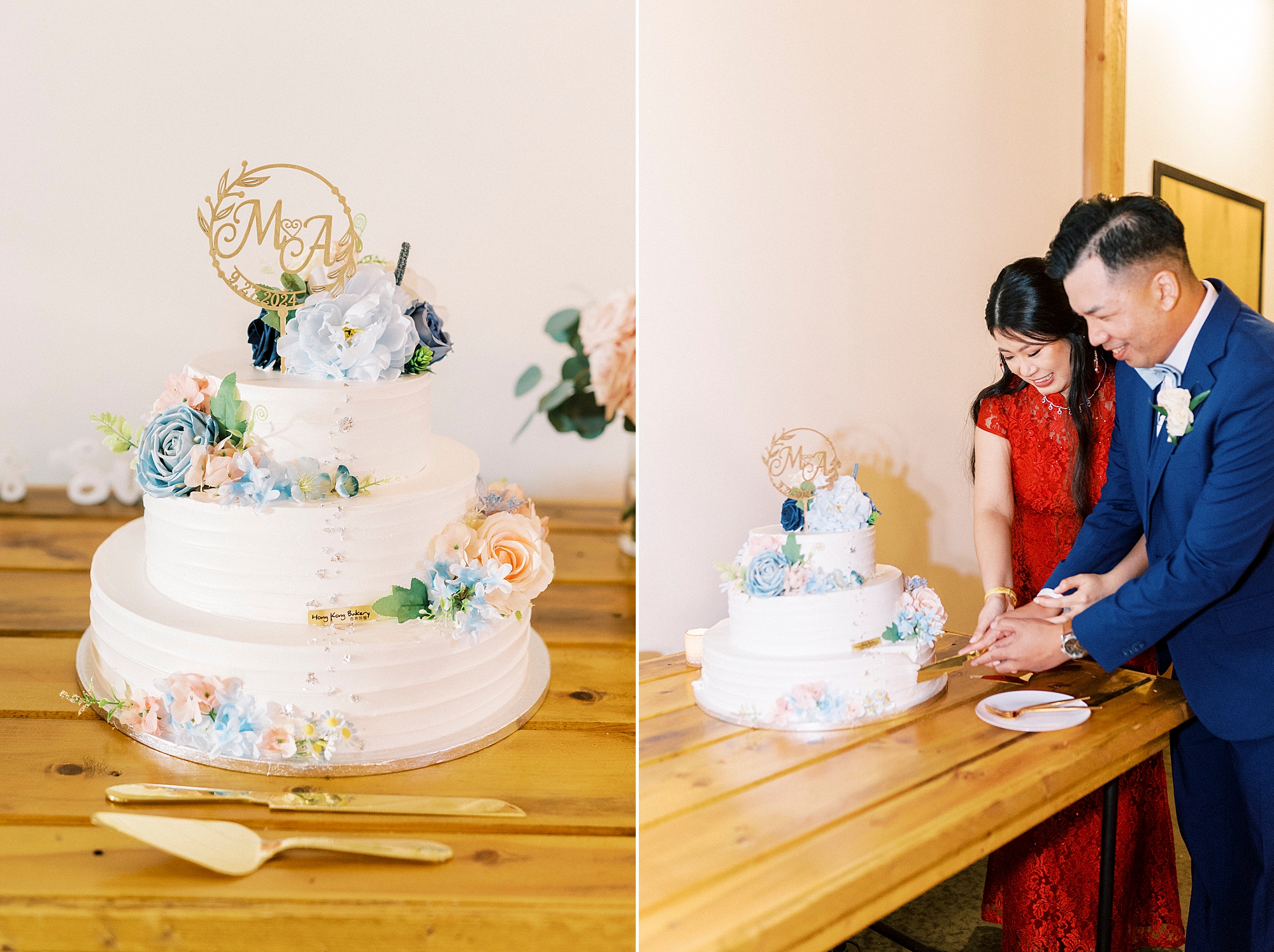 bride and groom cut wedding cake at Camelot Meadows