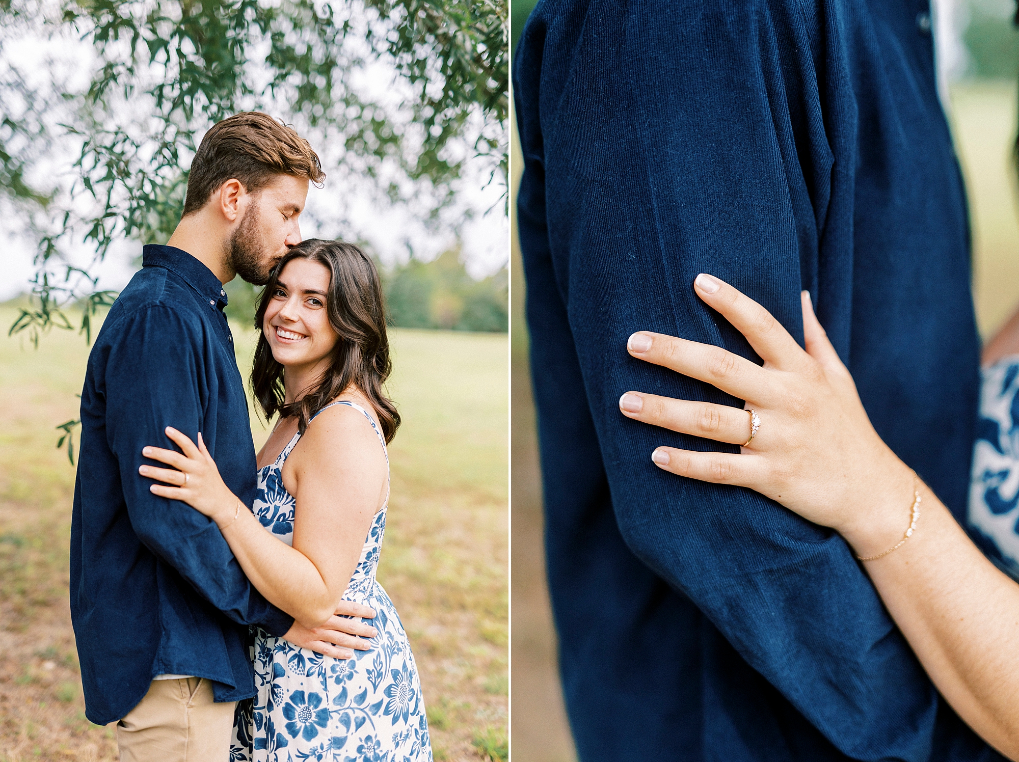 young brunette woman hugs fiancee showing off ring during family photo at Rob Wallace Park