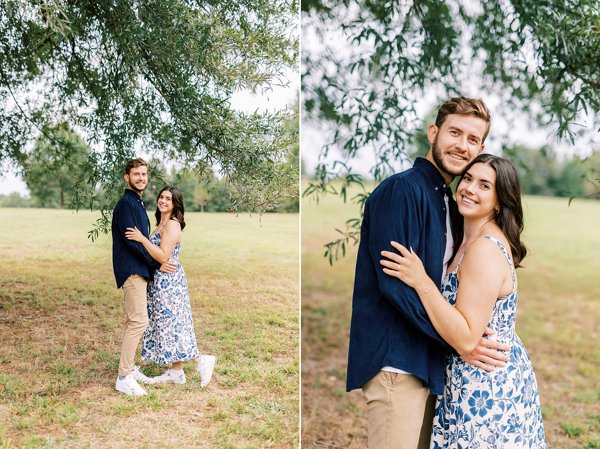engaged couple hugs under trees at Rob Wallace Park