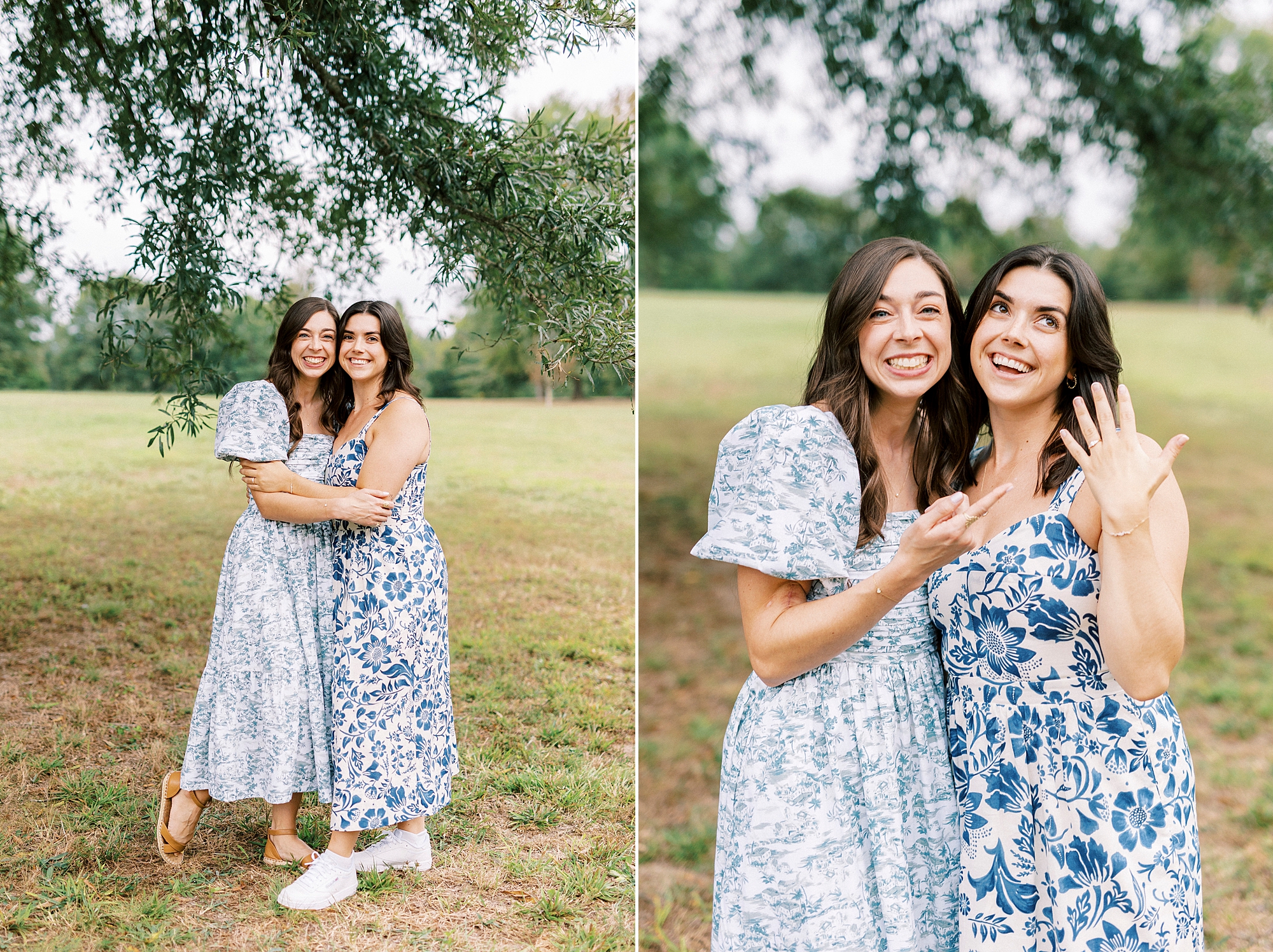 sisters in blue dresses hug under trees at Rob Wallace Park