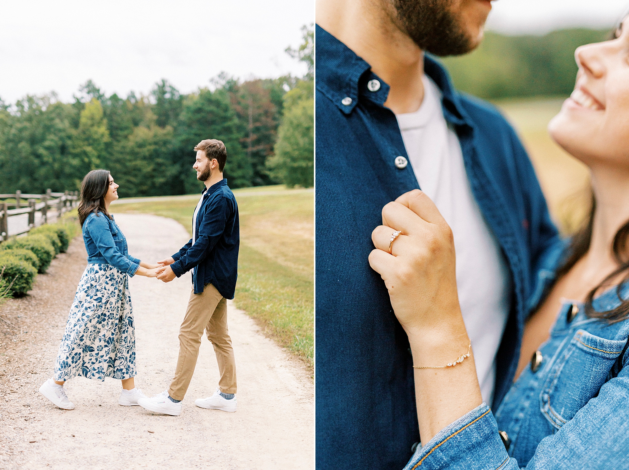 woman holds collar of husband's shirt during family photos