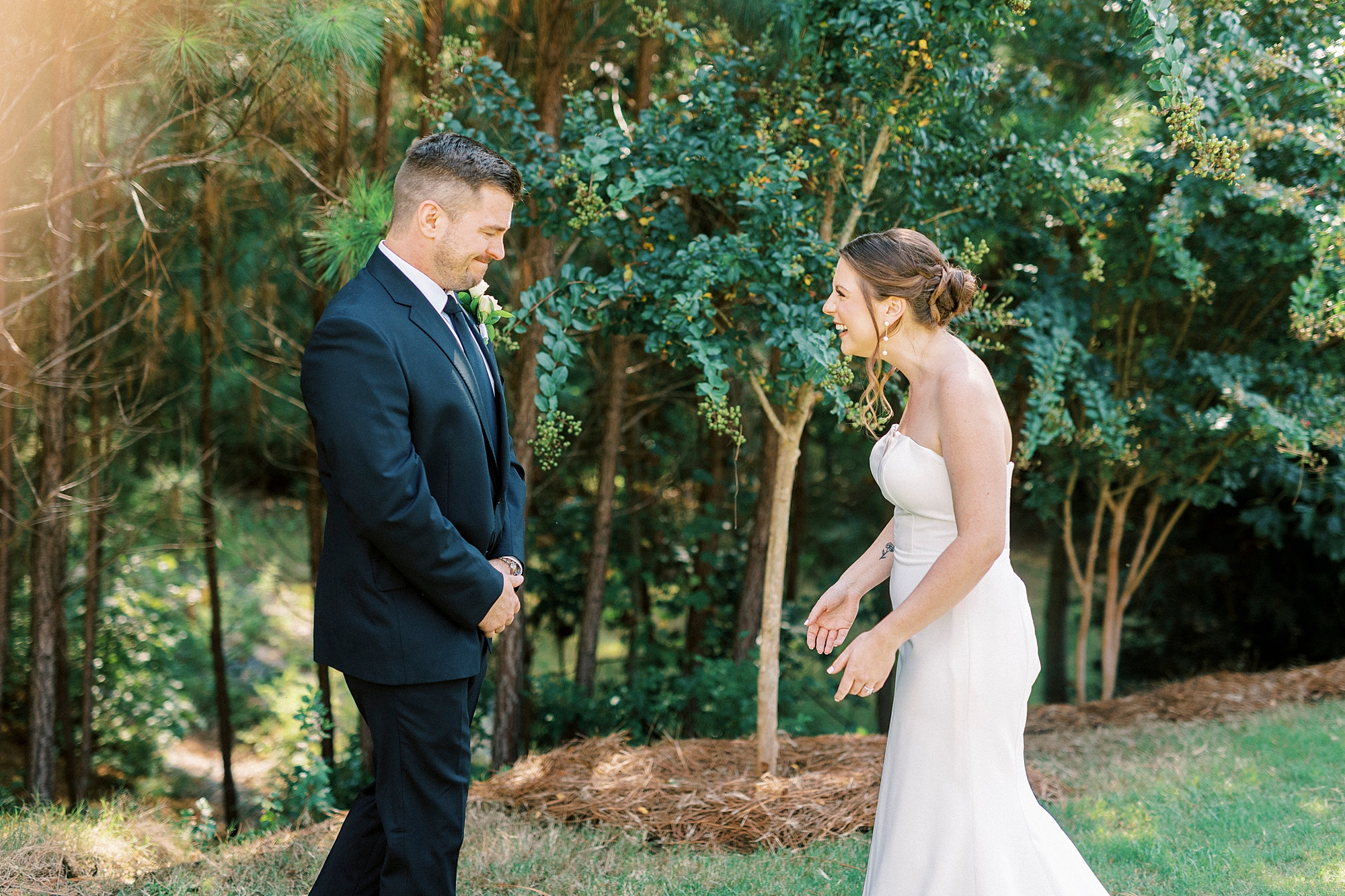 bride and groom have first look during wedding day at the Palisades