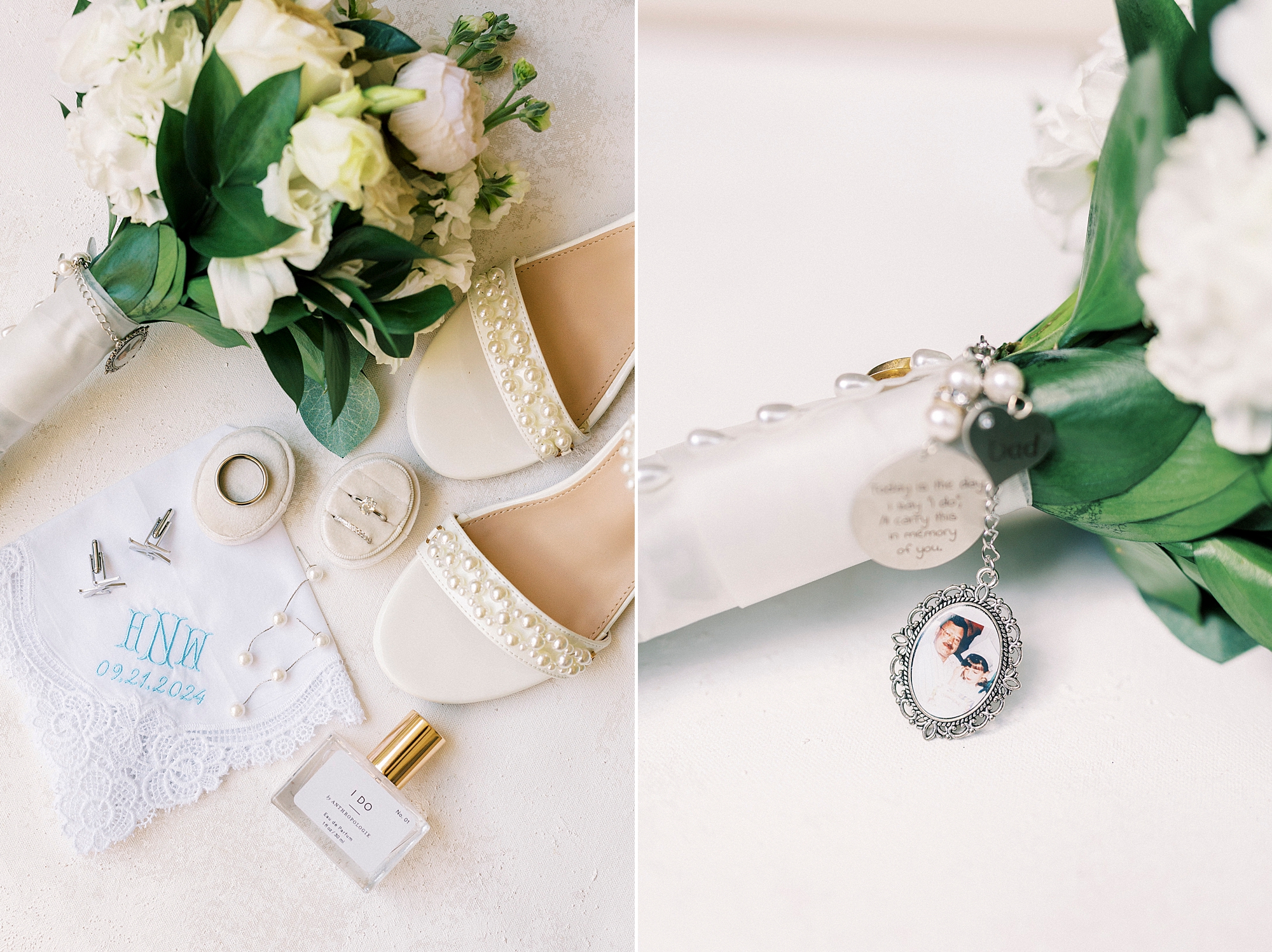 bride's bouquet and charm honoring her dad