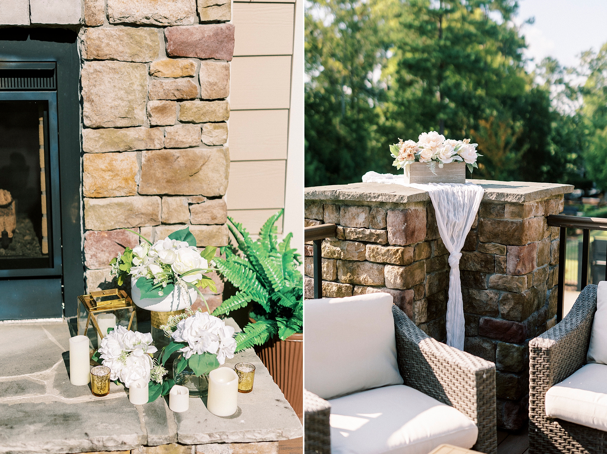 chairs next to fireplace with white flowers at the Palisades Country Club 