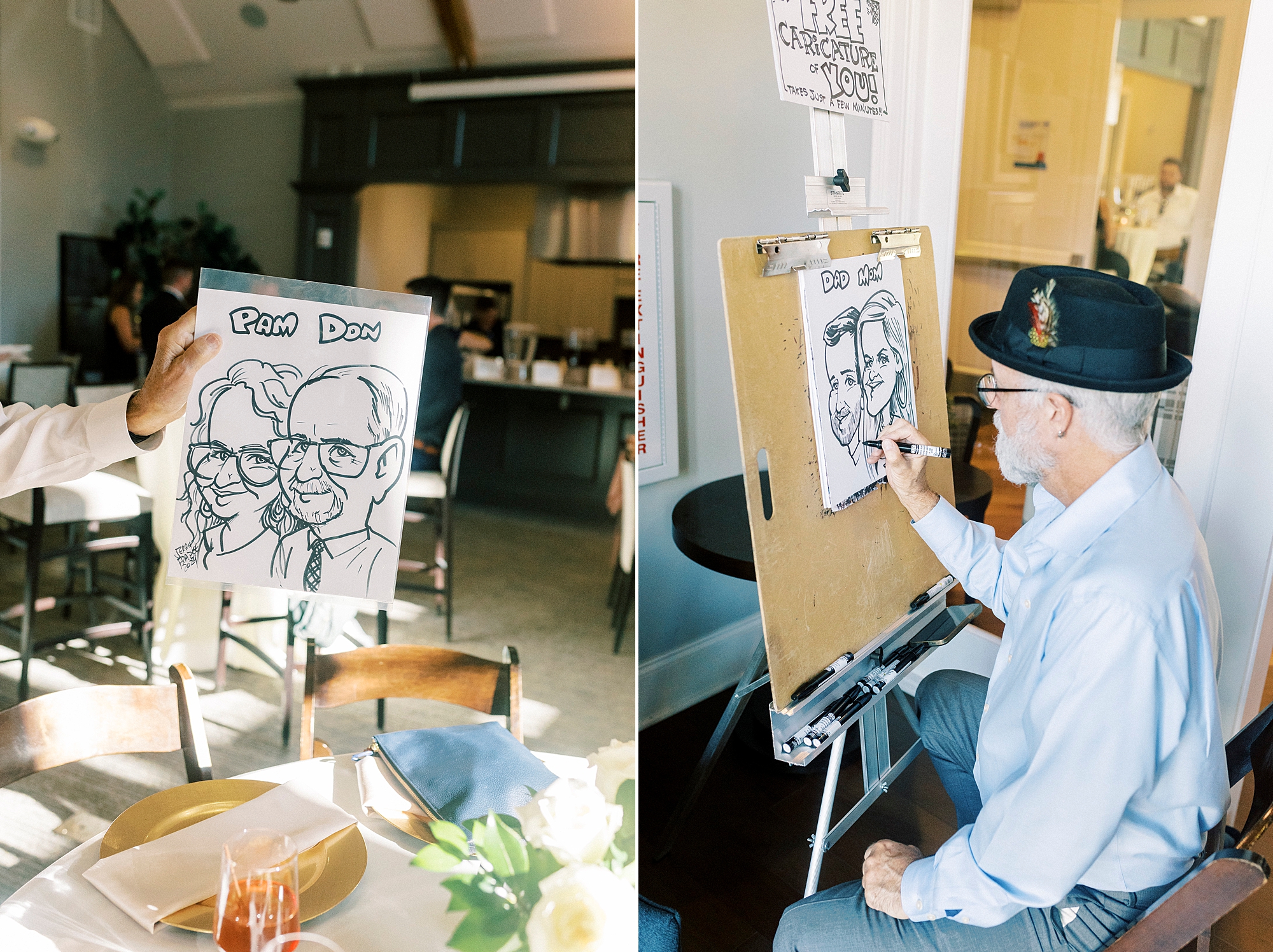 caricature artist draws during wedding reception at country club