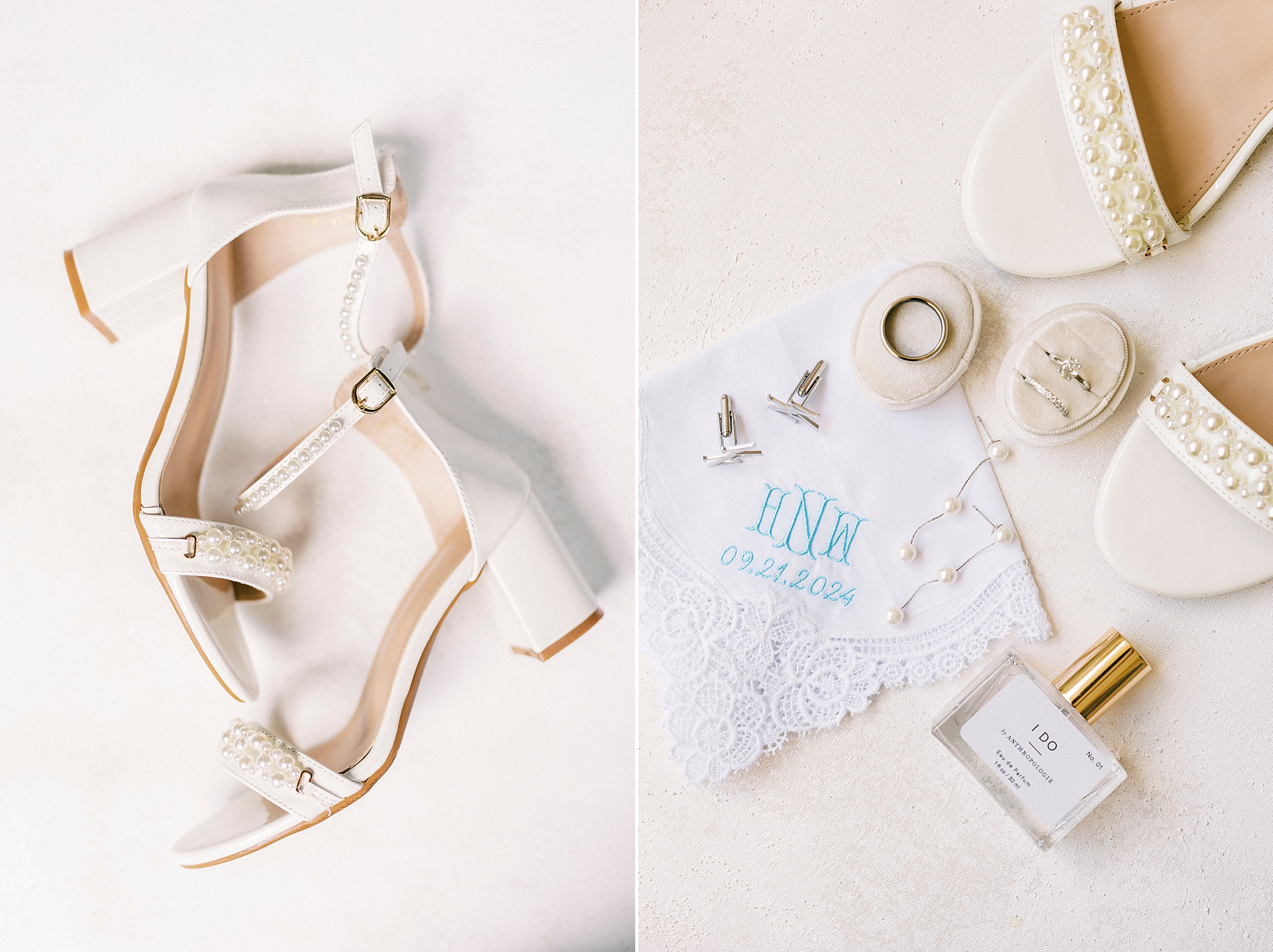 bride's ivory shoes and monogramed napkin for wedding at the Palisades