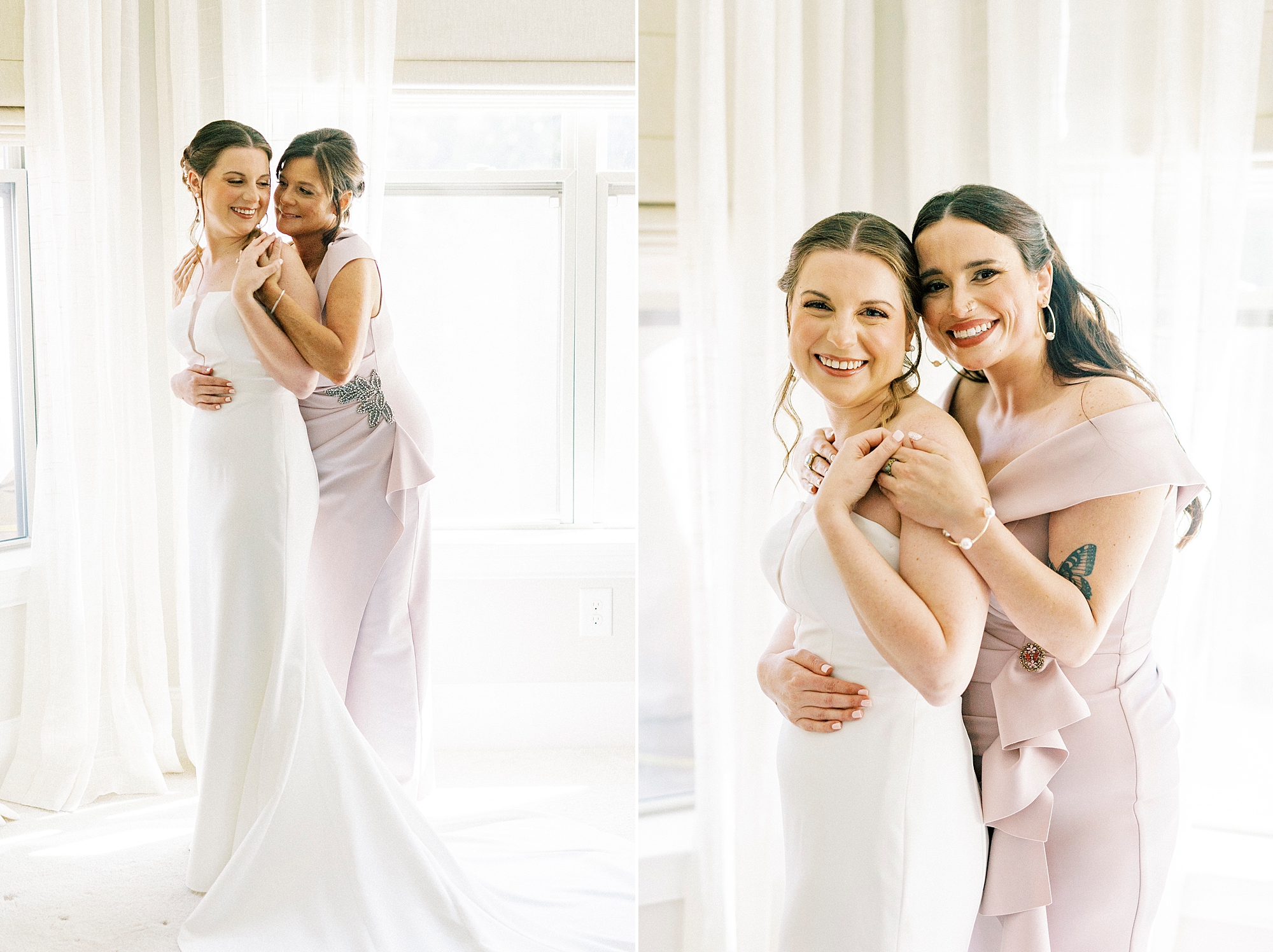 mother and bridesmaid hug bride after preparing for wedding day in North Carolina 