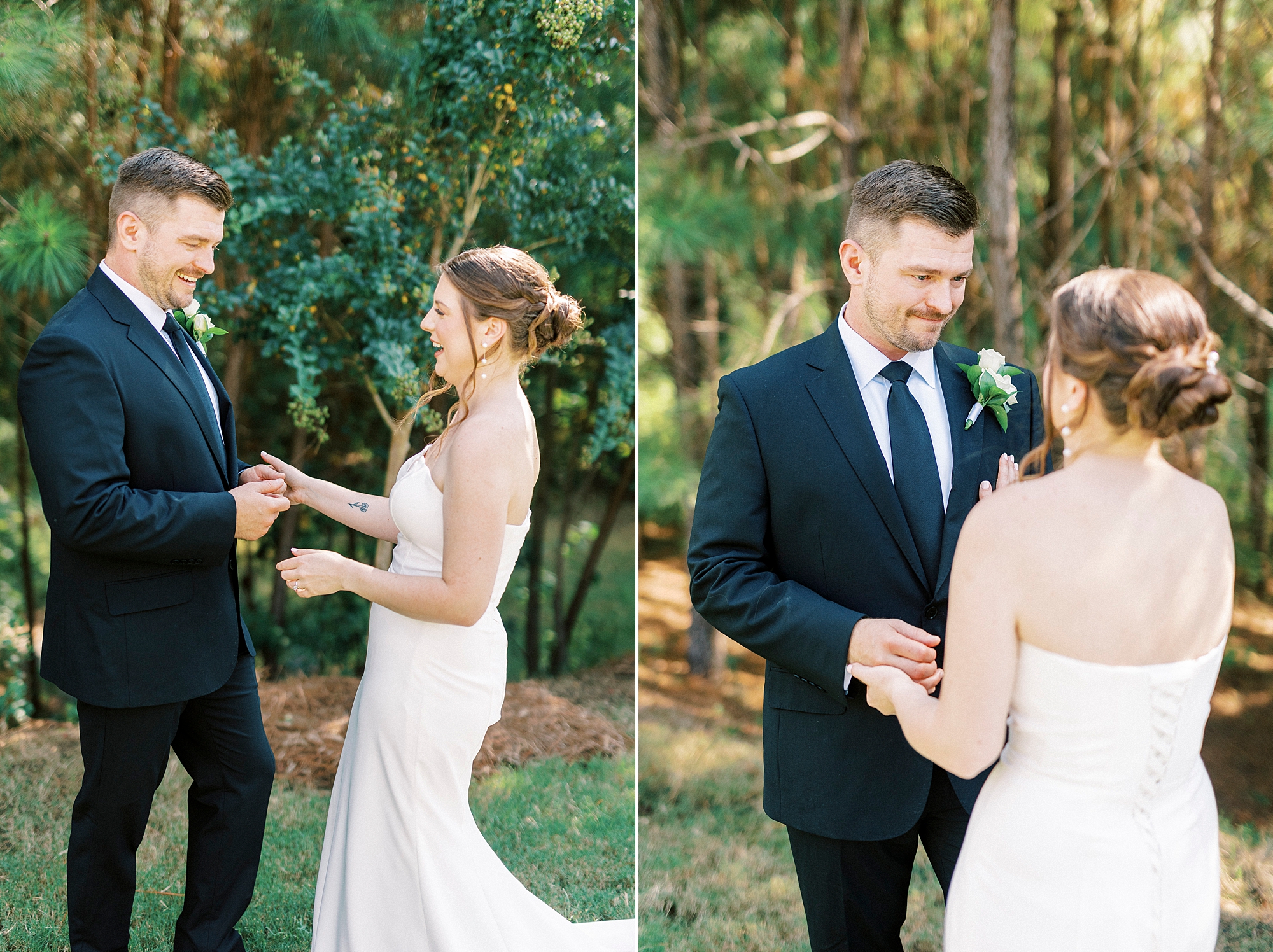 bride and groom have first look in front of hedge 