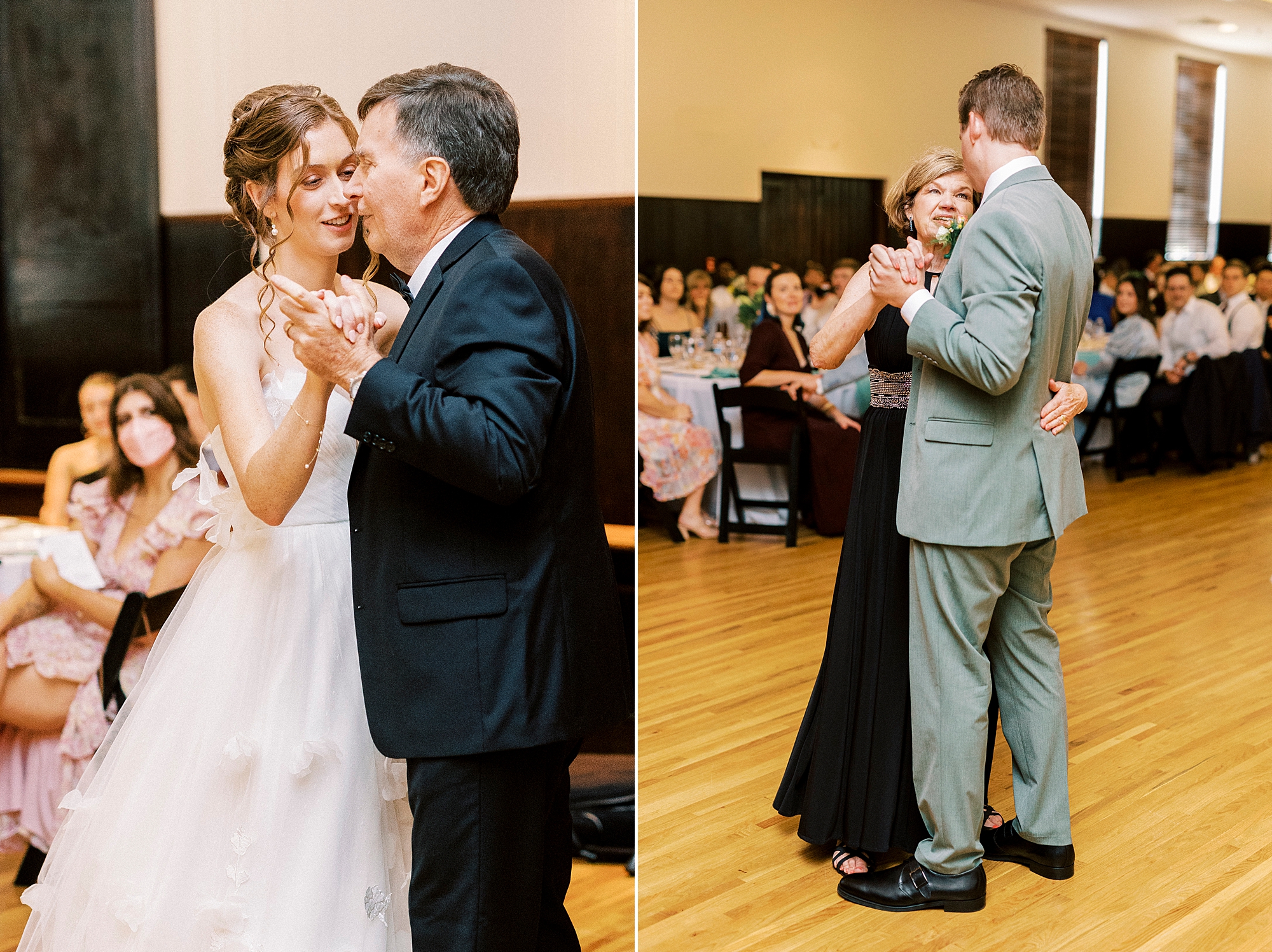 bride and groom dance with parents during wedding reception at the Palmer Building