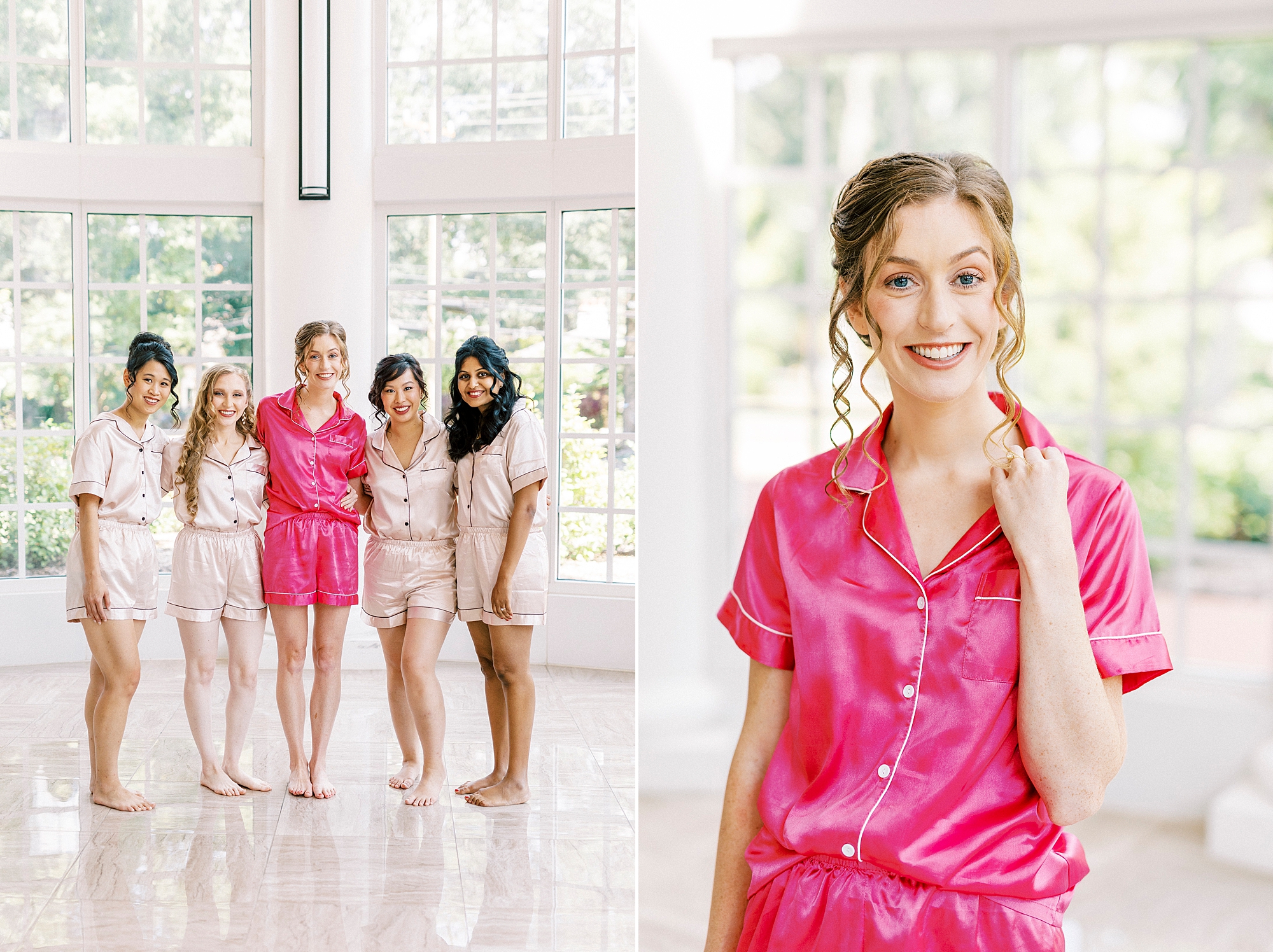 bride in pink pajamas poses with bridesmaids inside Belk Chapel