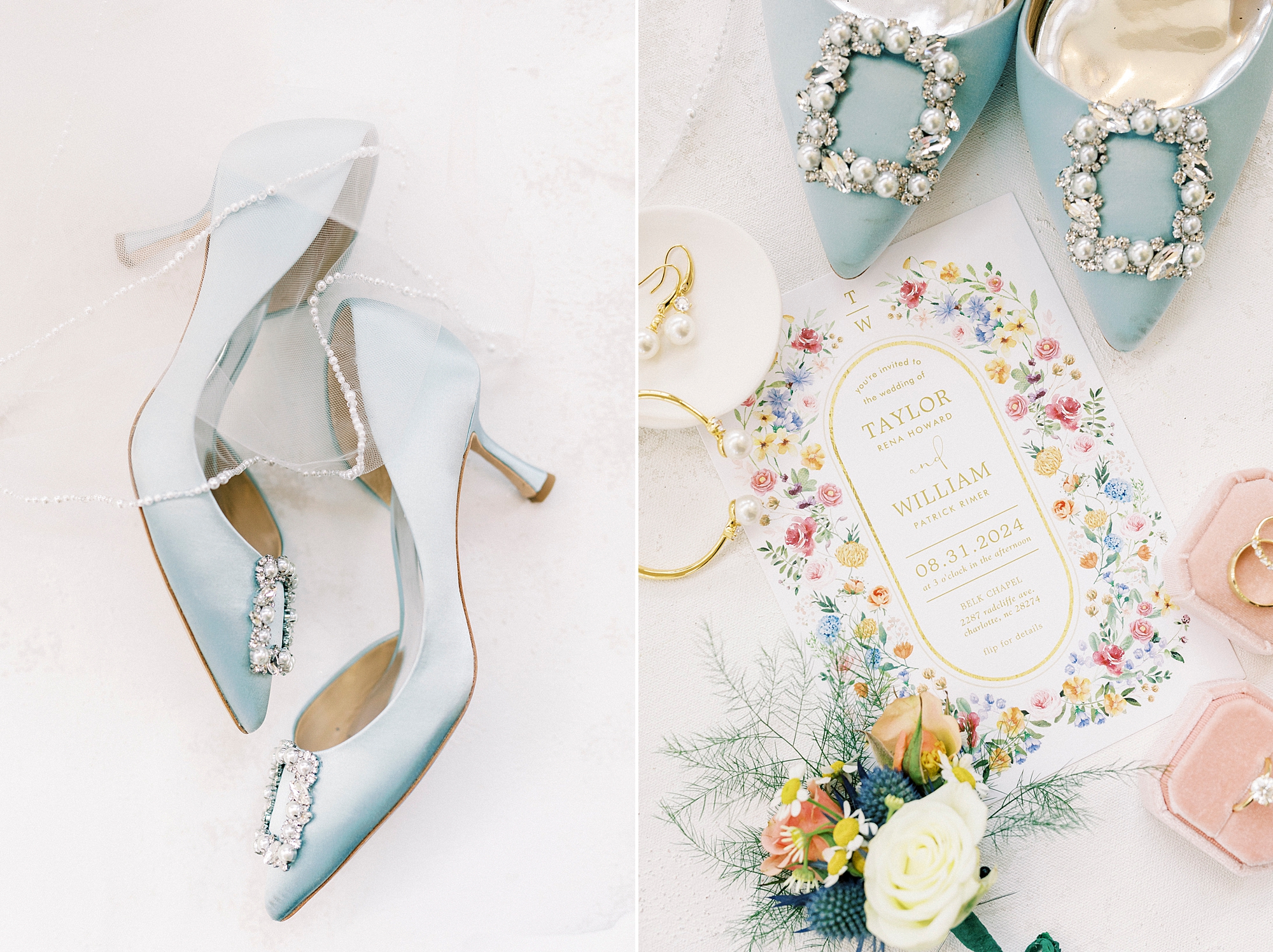 bride's blue shoes and floral details for wedding in Charlotte NC