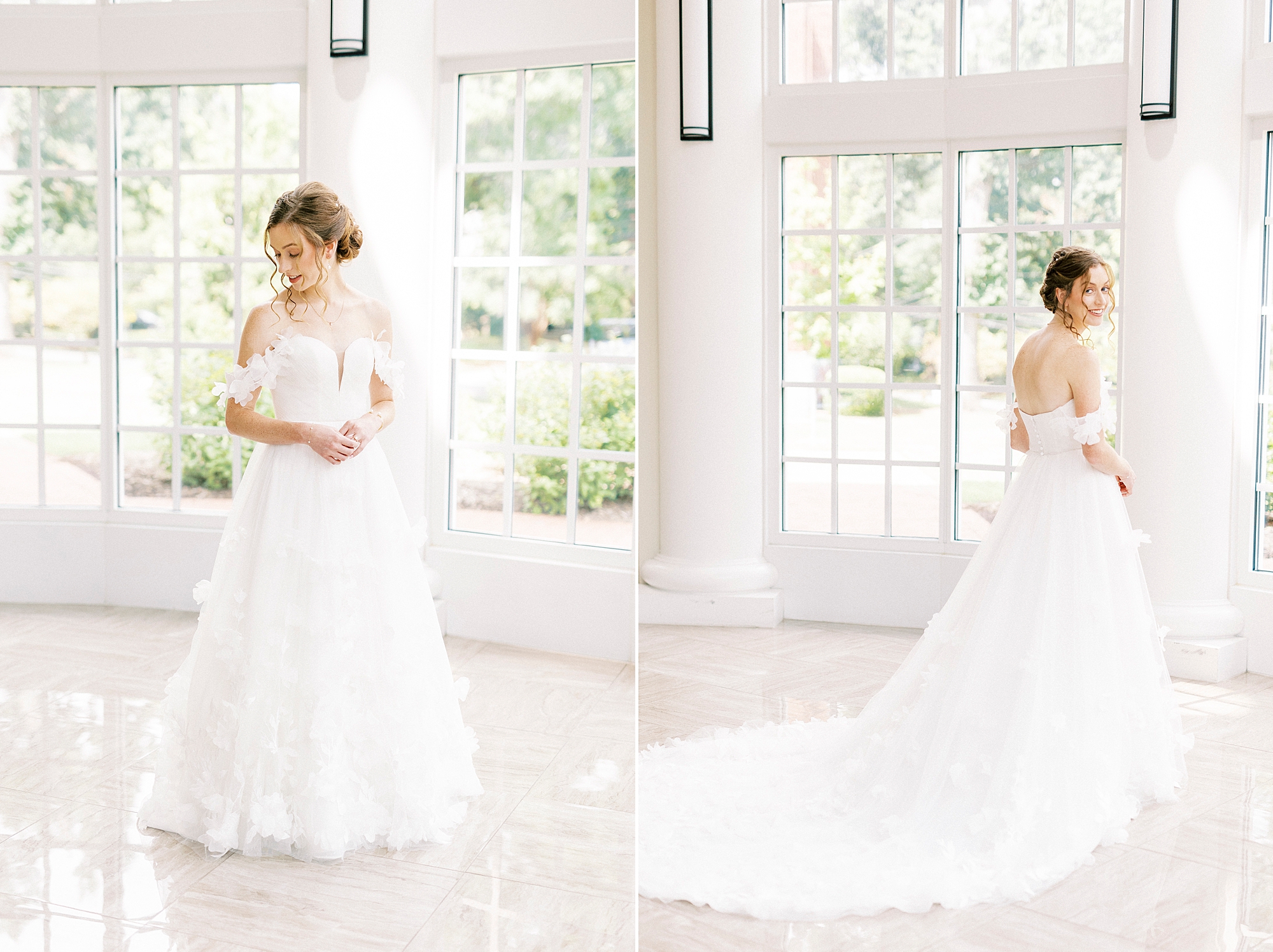 bride poses in well-lit atrium at Belk Chapel