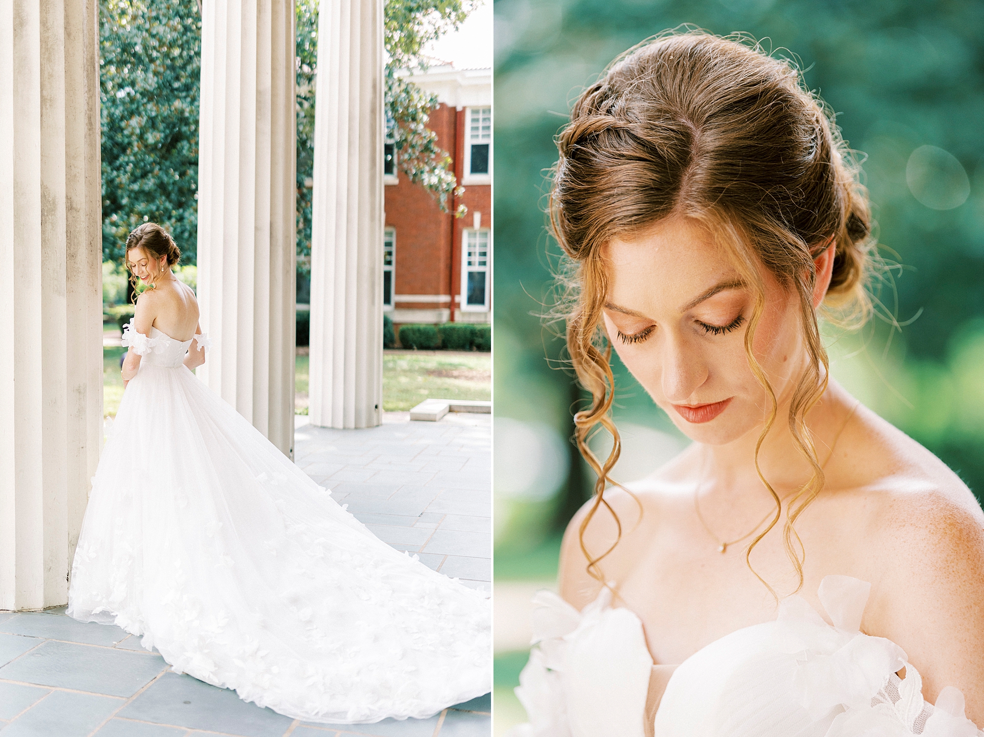 bride looks down in front of strapless wedding gown inside Belk Chapel