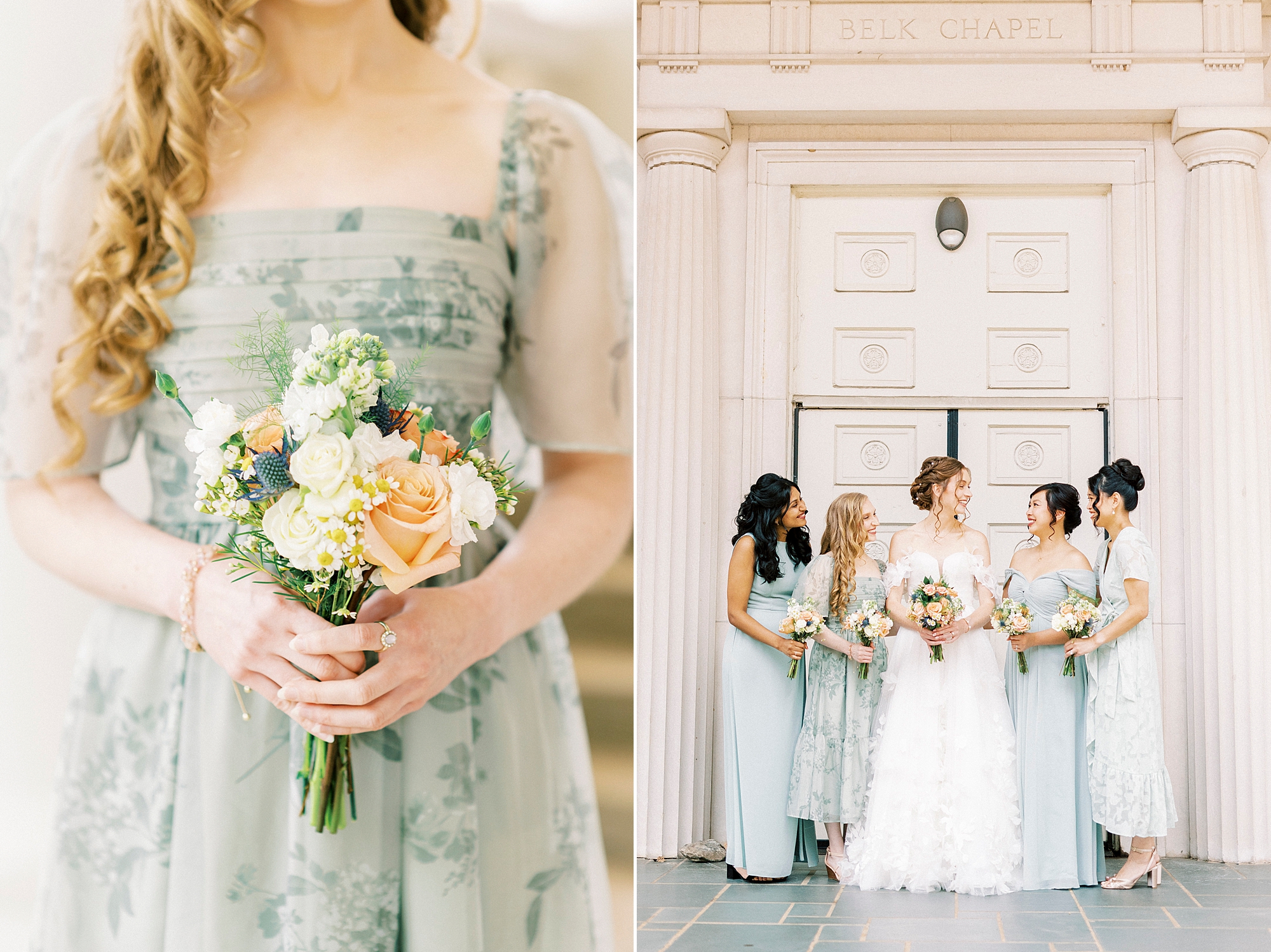 bride poses with bridesmaids in light green gowns outside Belk Chapel